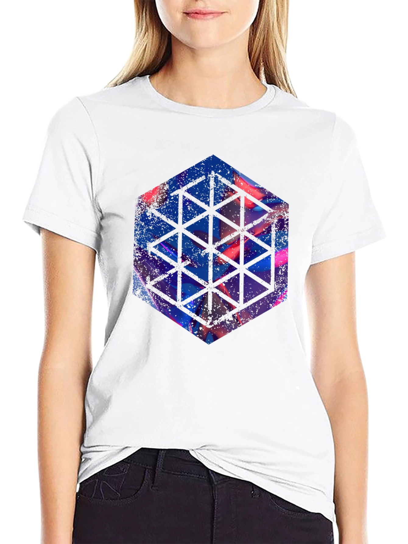 Black Geometric Hexagon Graphic Black T-Shirt view 9