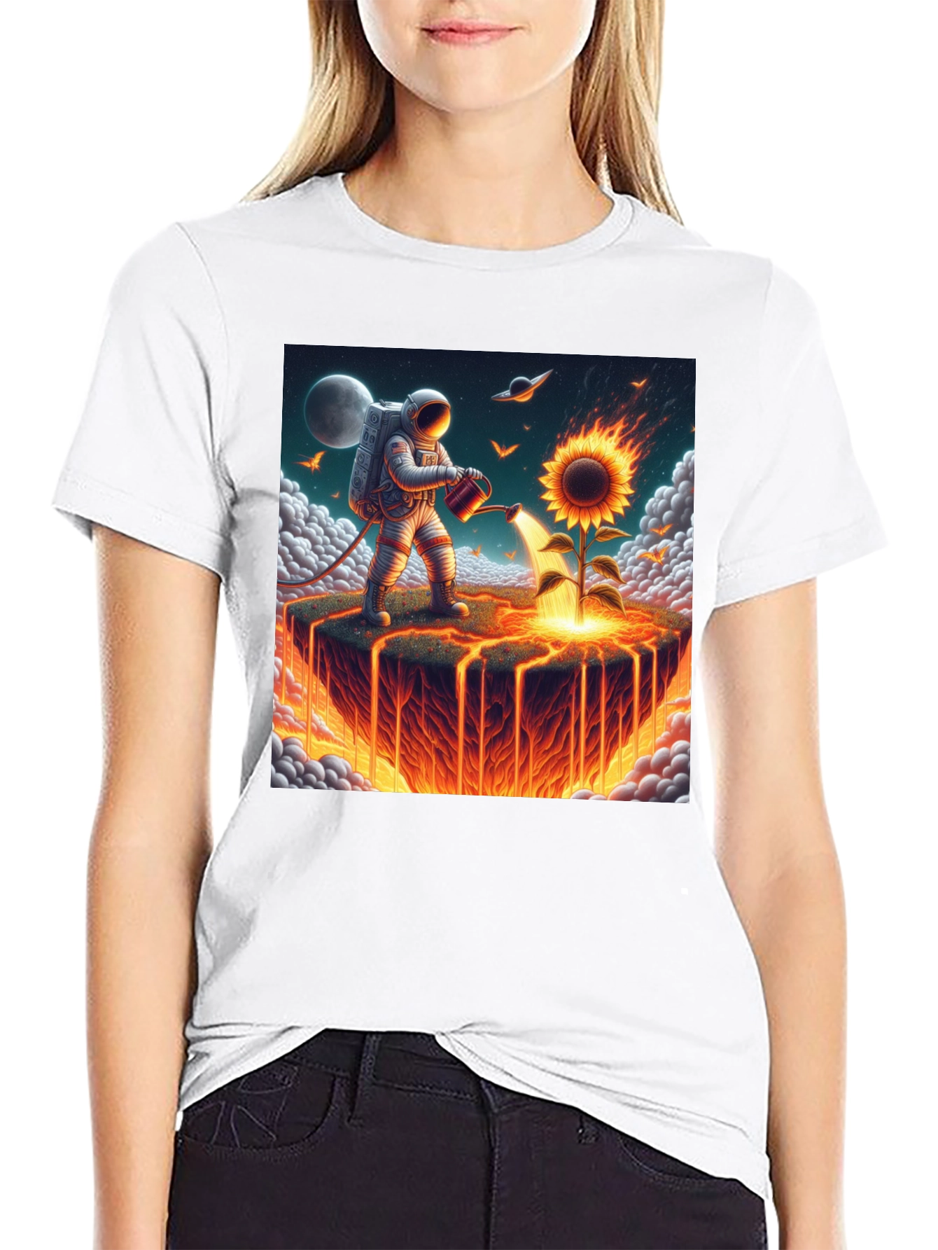 Black Astronaut Watering Fire Sunflower T-Shirt view 9