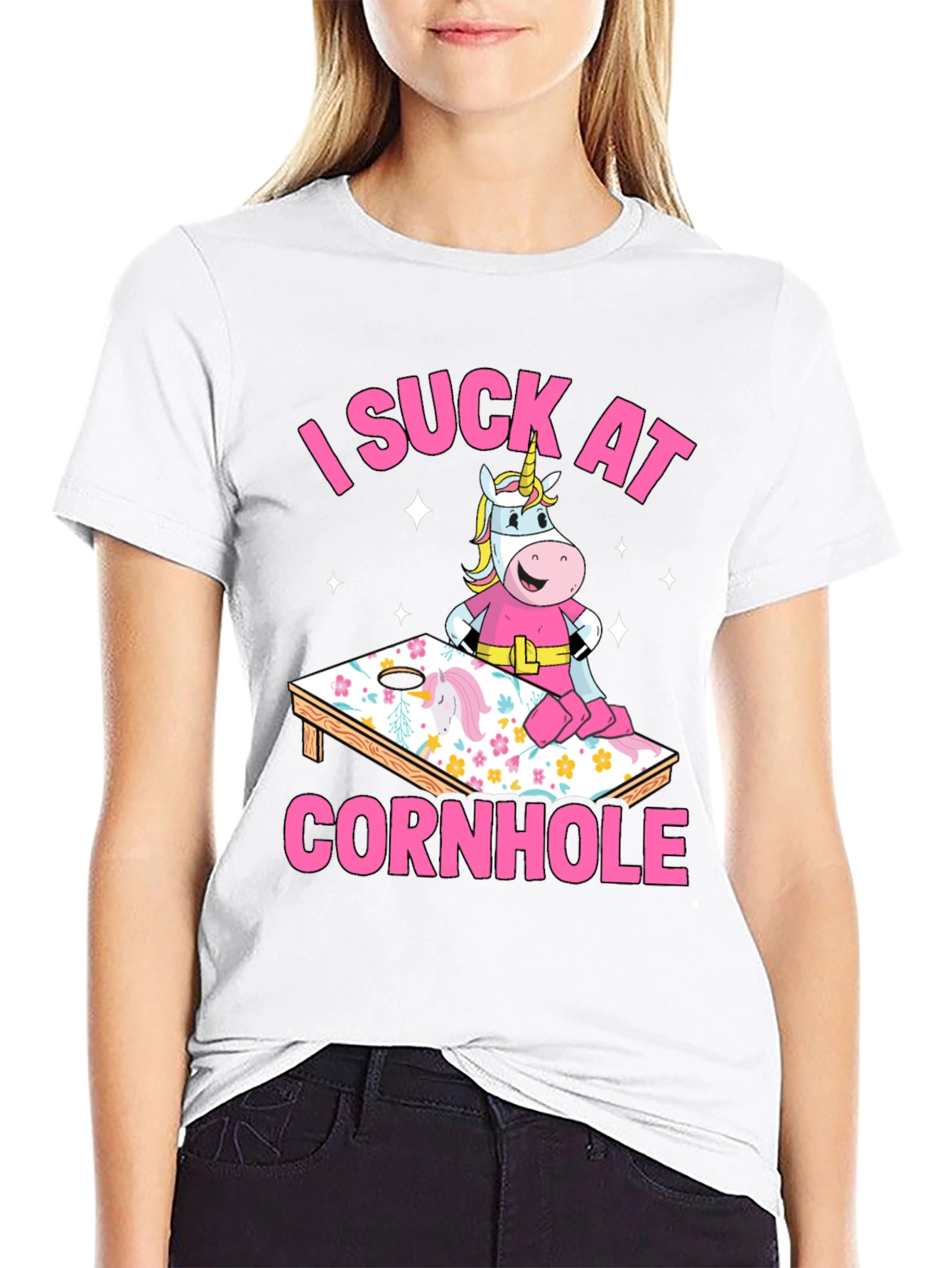 Black I Suck At Cornhole Unicorn T-Shirt view 9