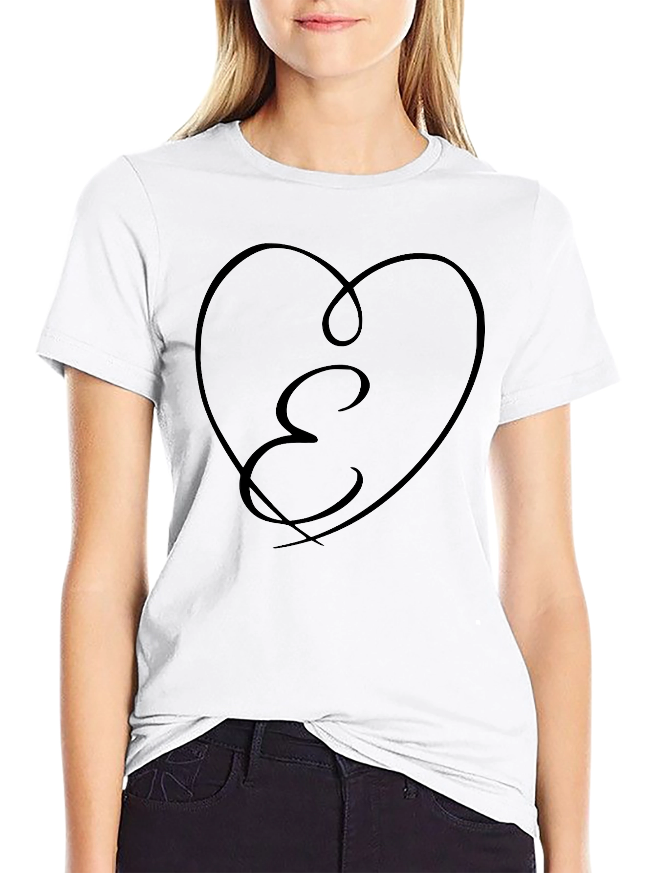 Black Heart Initial E Black T-Shirt view 9