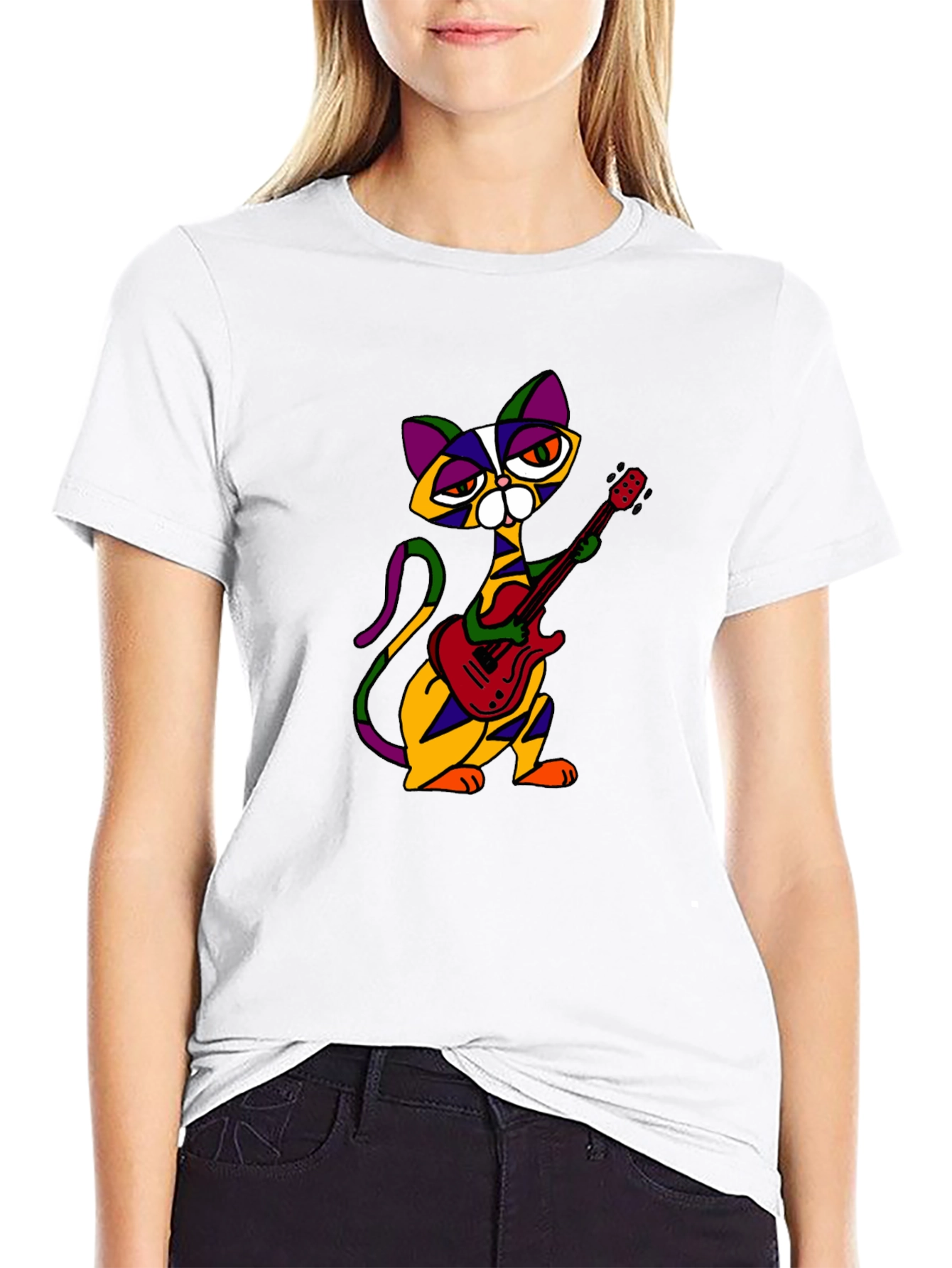 Black Cat Guitarist Graphic Tee - Men's Black T-Shirt view 9