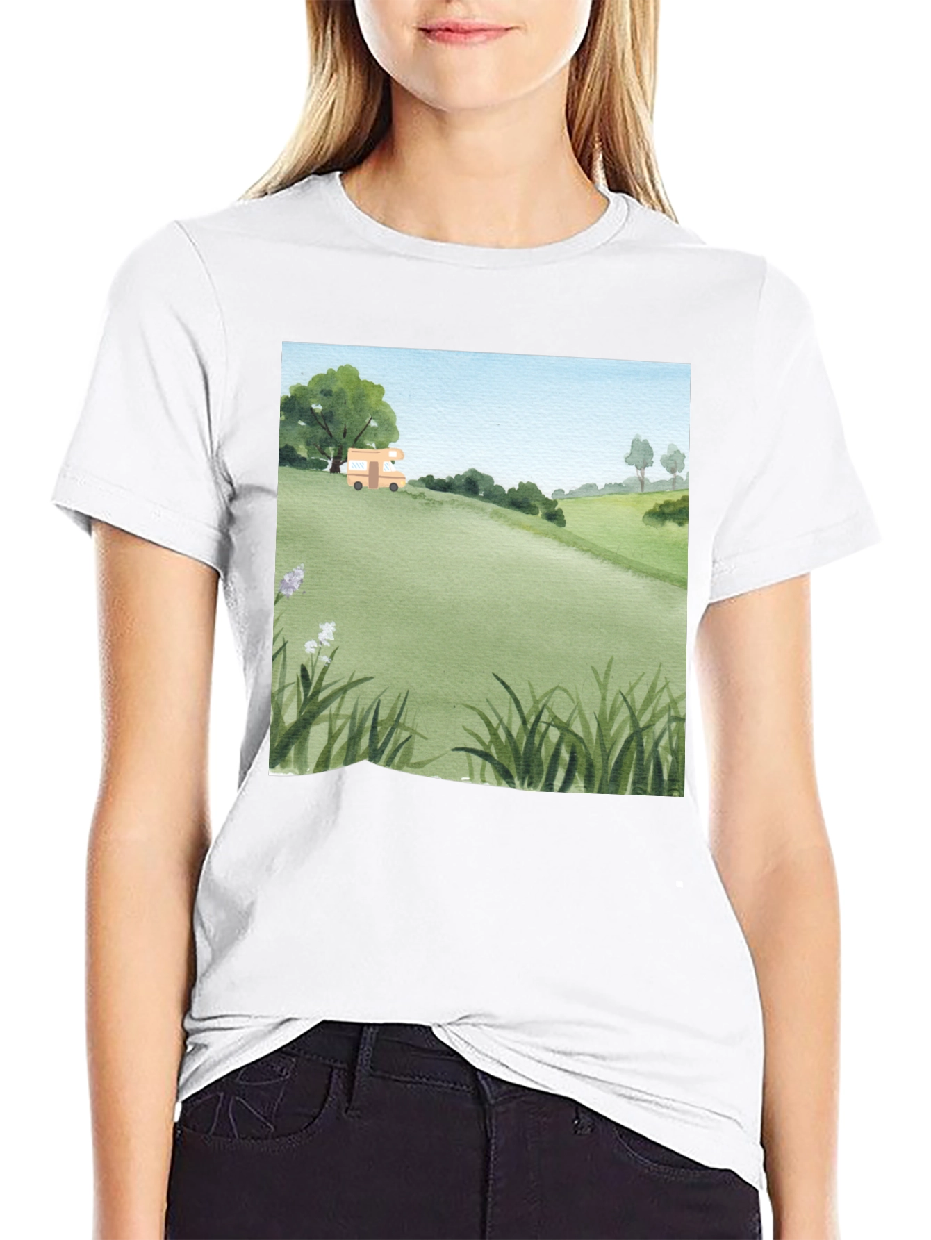 Black Watercolor Landscape Camper T-Shirt view 9
