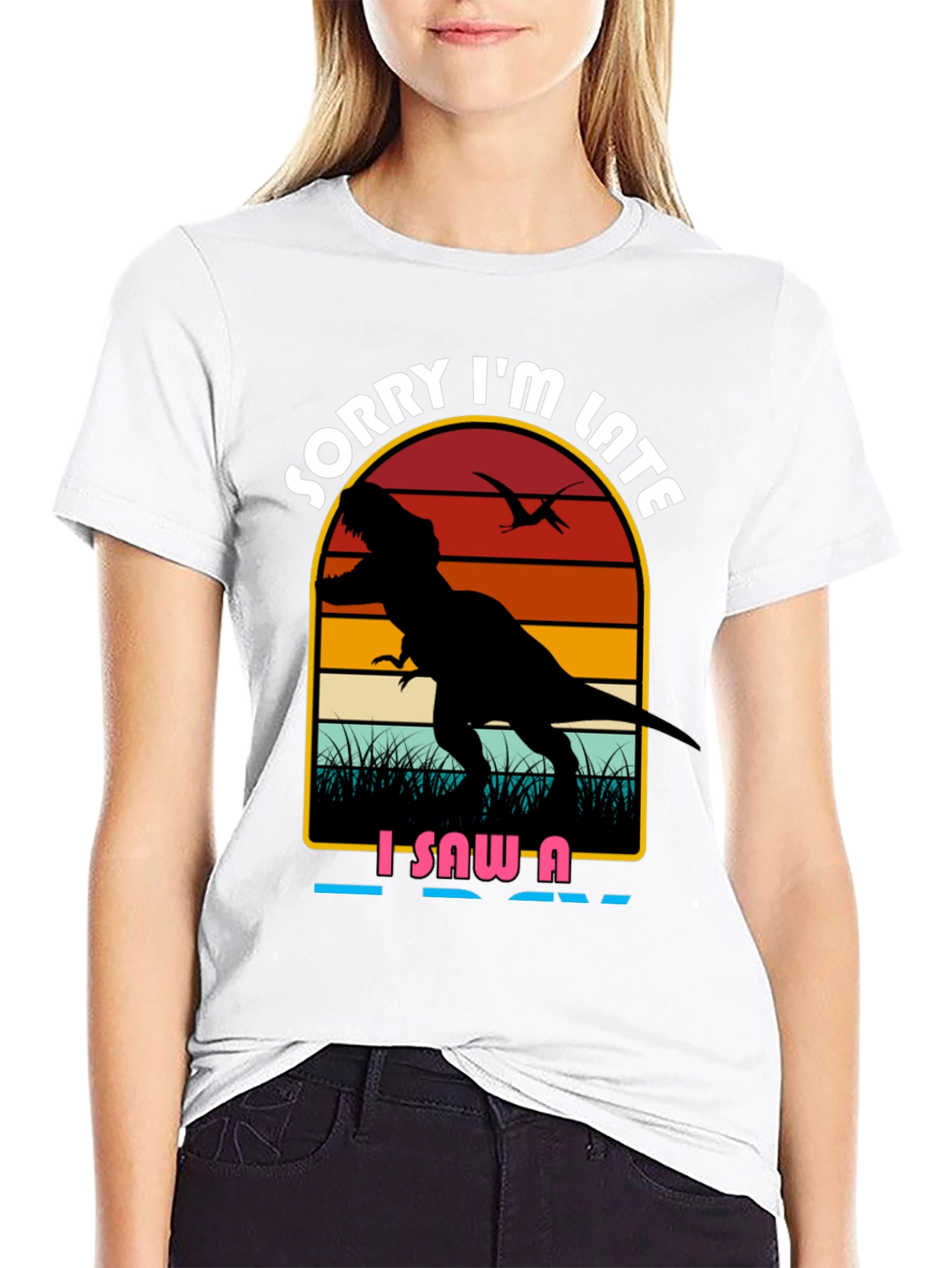 Black Sorry I'm Late Dinosaur Graphic Tee view 9