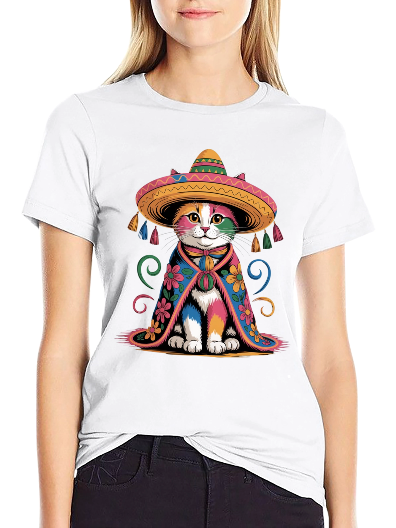Black Colorful Cat Sombrero T-Shirt view 9