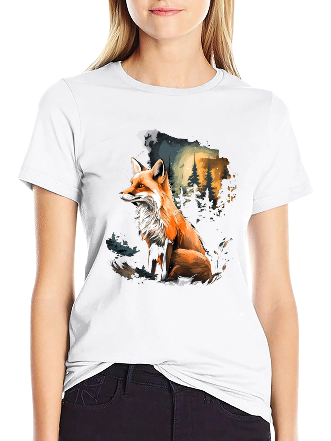Black Fox in Forest Graphic Tee - Stylish Black T-Shirt view 9