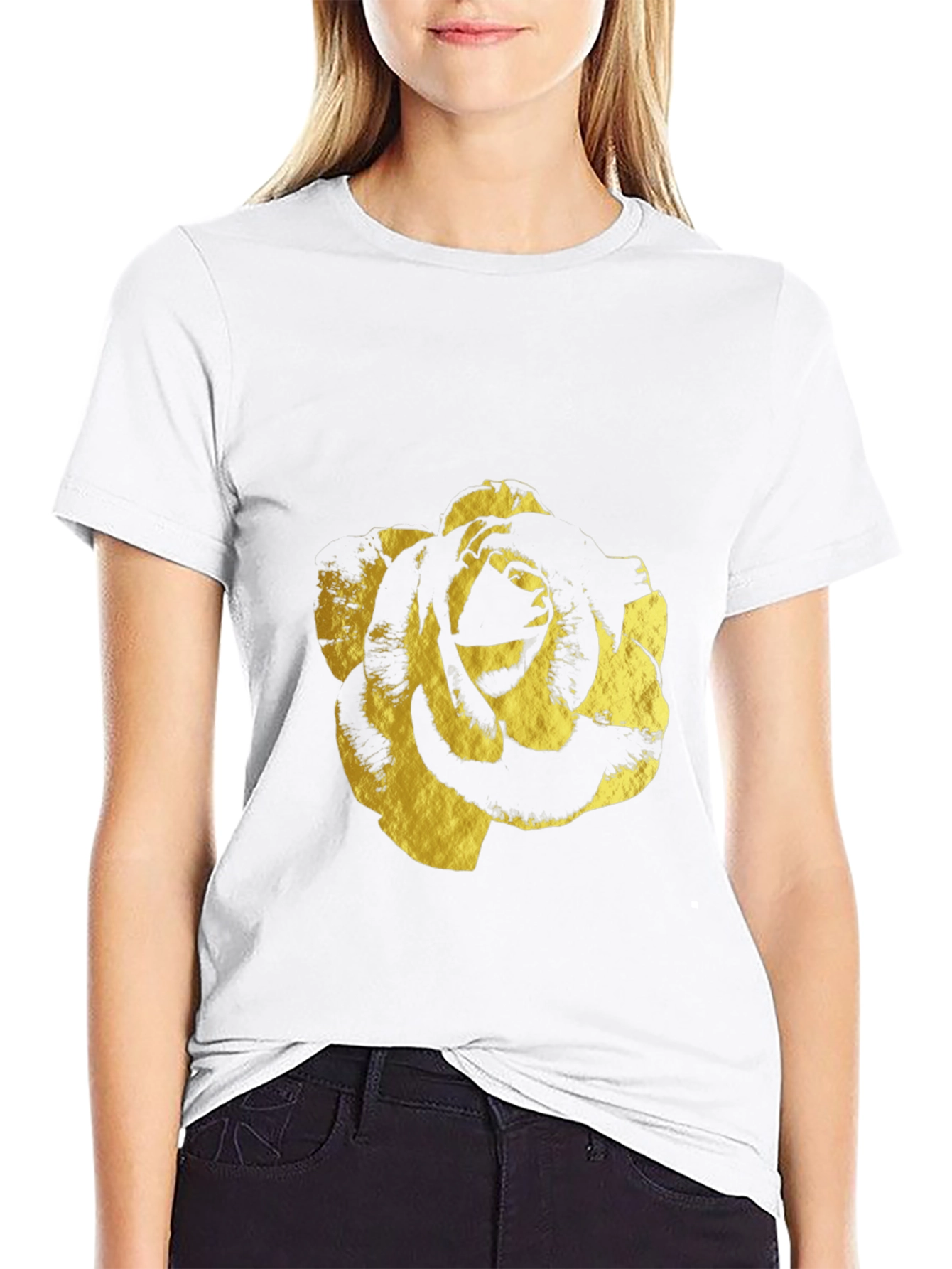 Black Black T-Shirt with Gold Rose Print - Modern & Stylish view 9