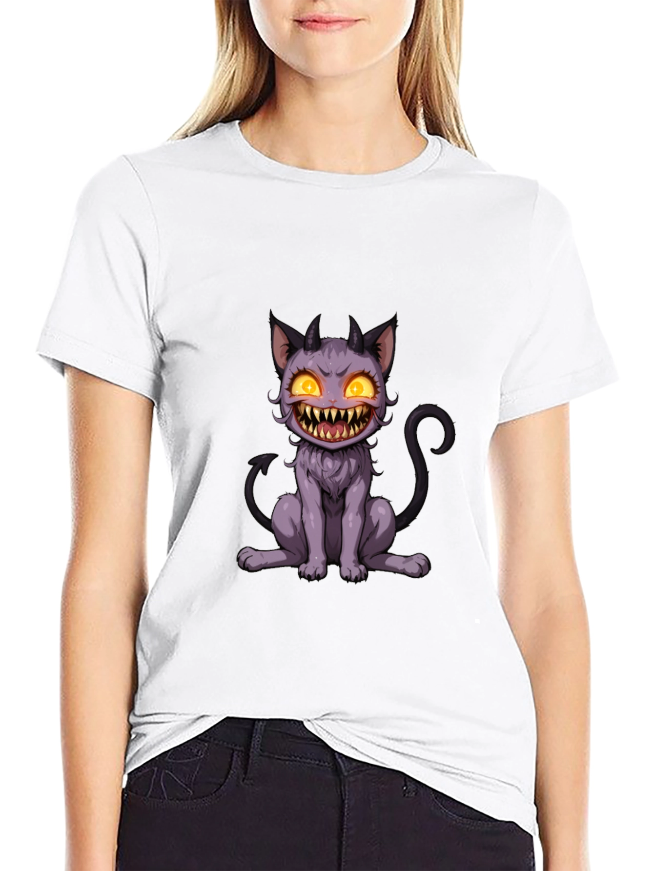 Black Monster Cat Graphic Tee - Black Cotton T-Shirt view 9