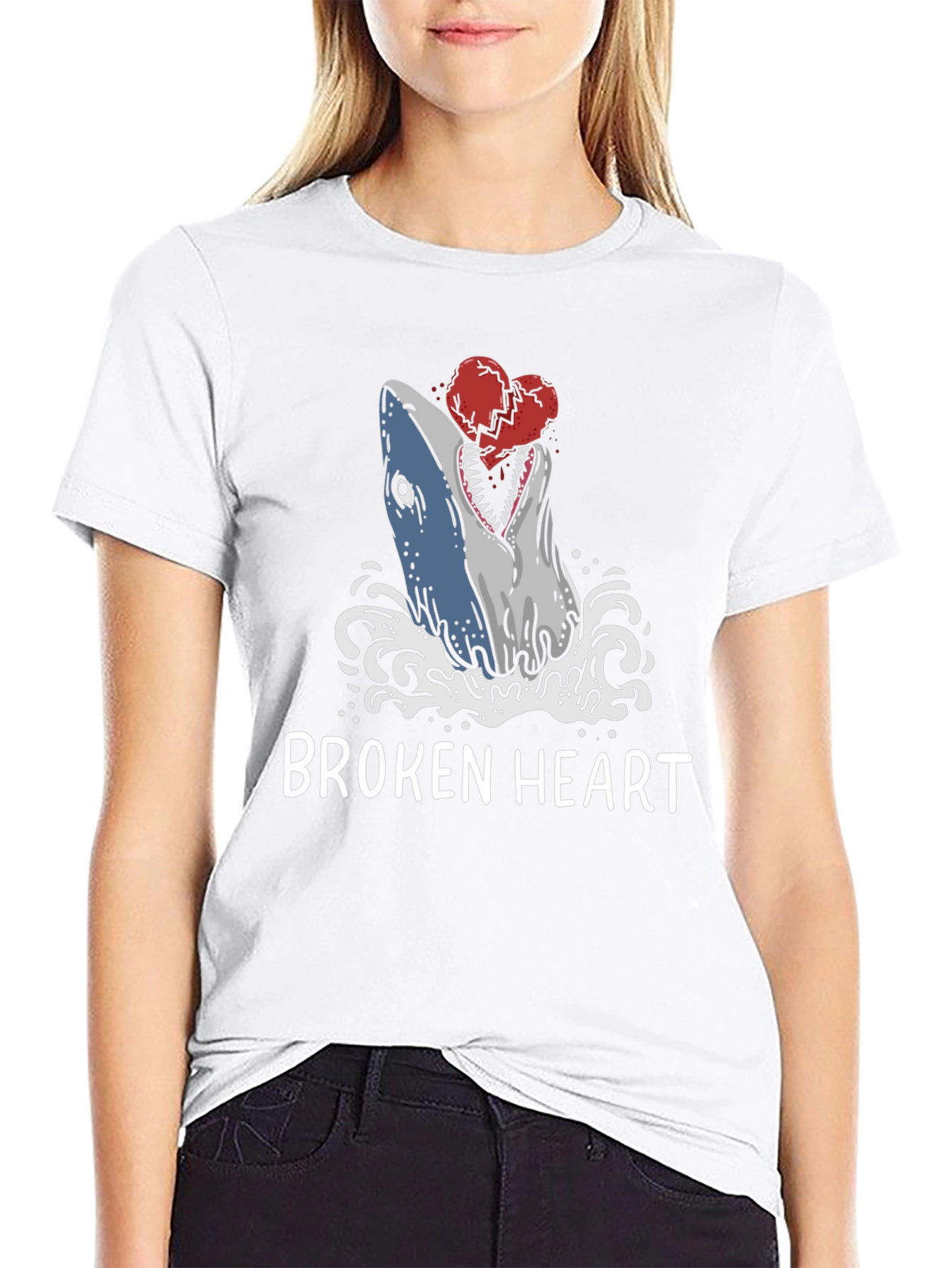 Black Broken Heart Shark T-Shirt - Novelty Graphic Tee view 9