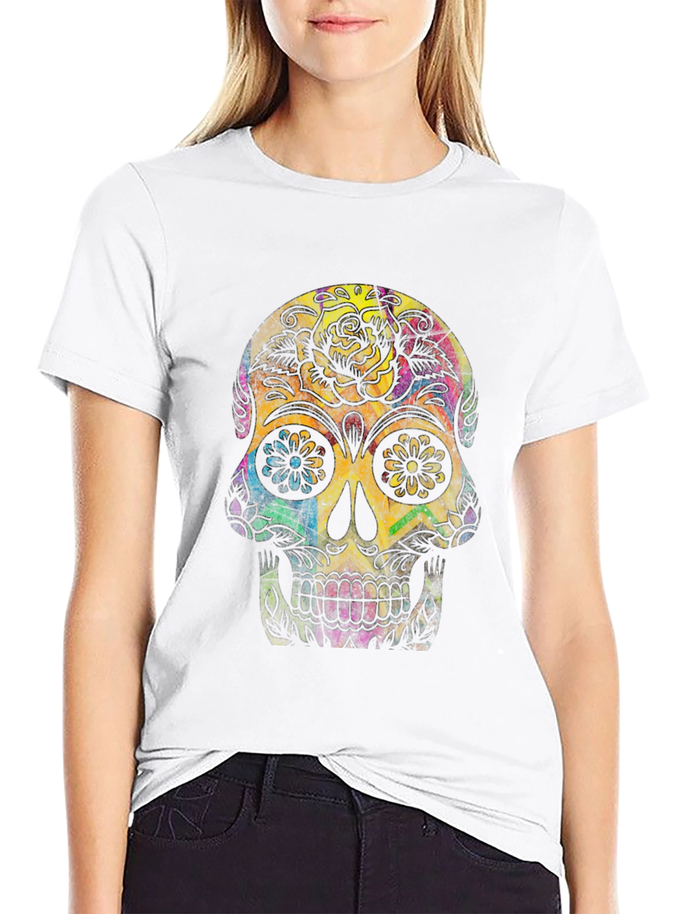 Black Colorful Sugar Skull Graphic Tee view 9