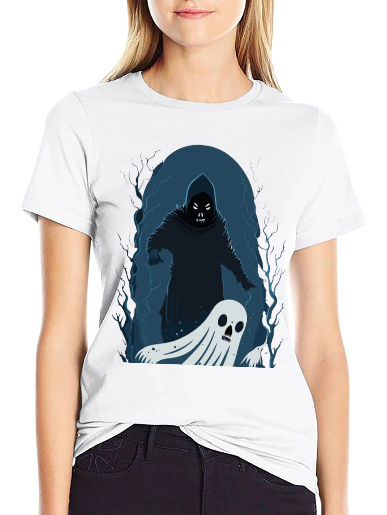 Black Spooky Grim Reaper & Ghost Black T-Shirt view 9