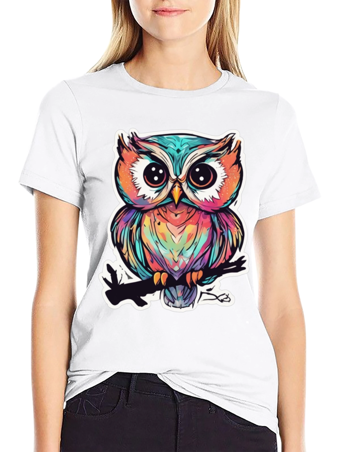 Black Colorful Owl Graphic Tee - Unique Bird Design view 9