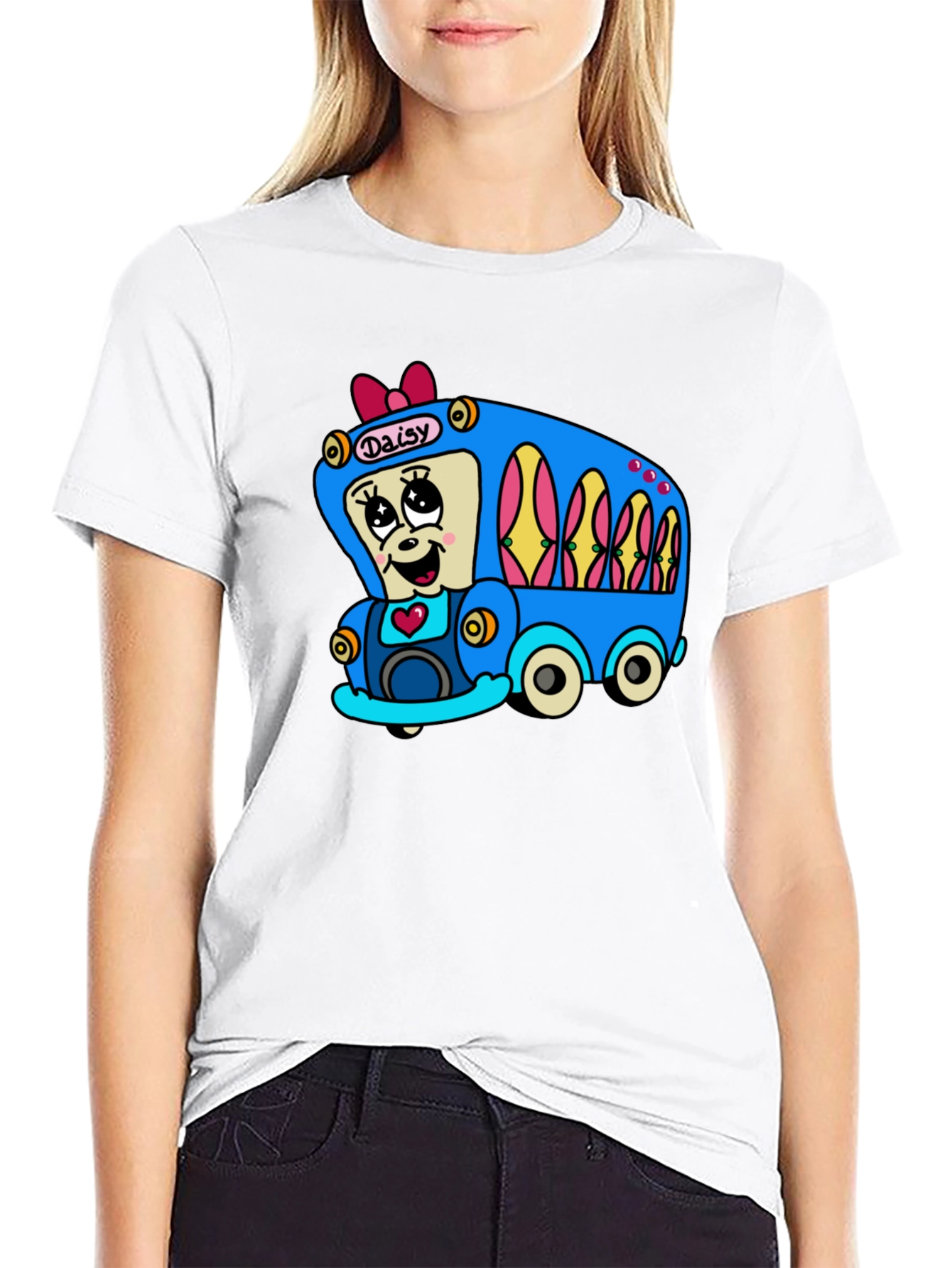 Black Daisy Bus Cartoon T-Shirt - Fun & Unique Graphic Tee view 9