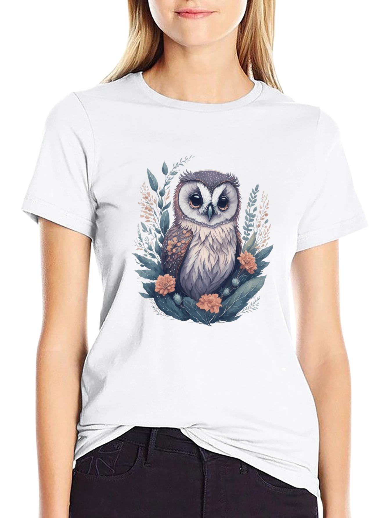 Black Cute Owl Floral Graphic Print Black T-Shirt view 9