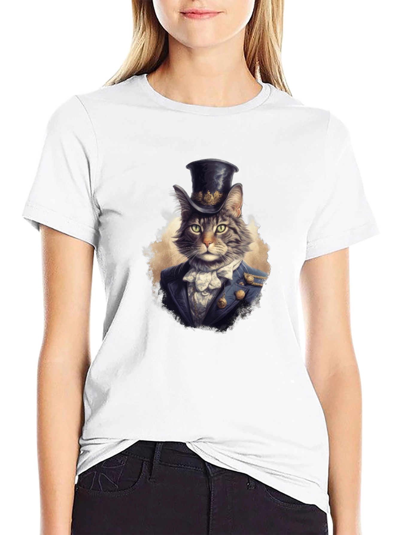 Black Dapper Cat Top Hat Graphic Tee view 9