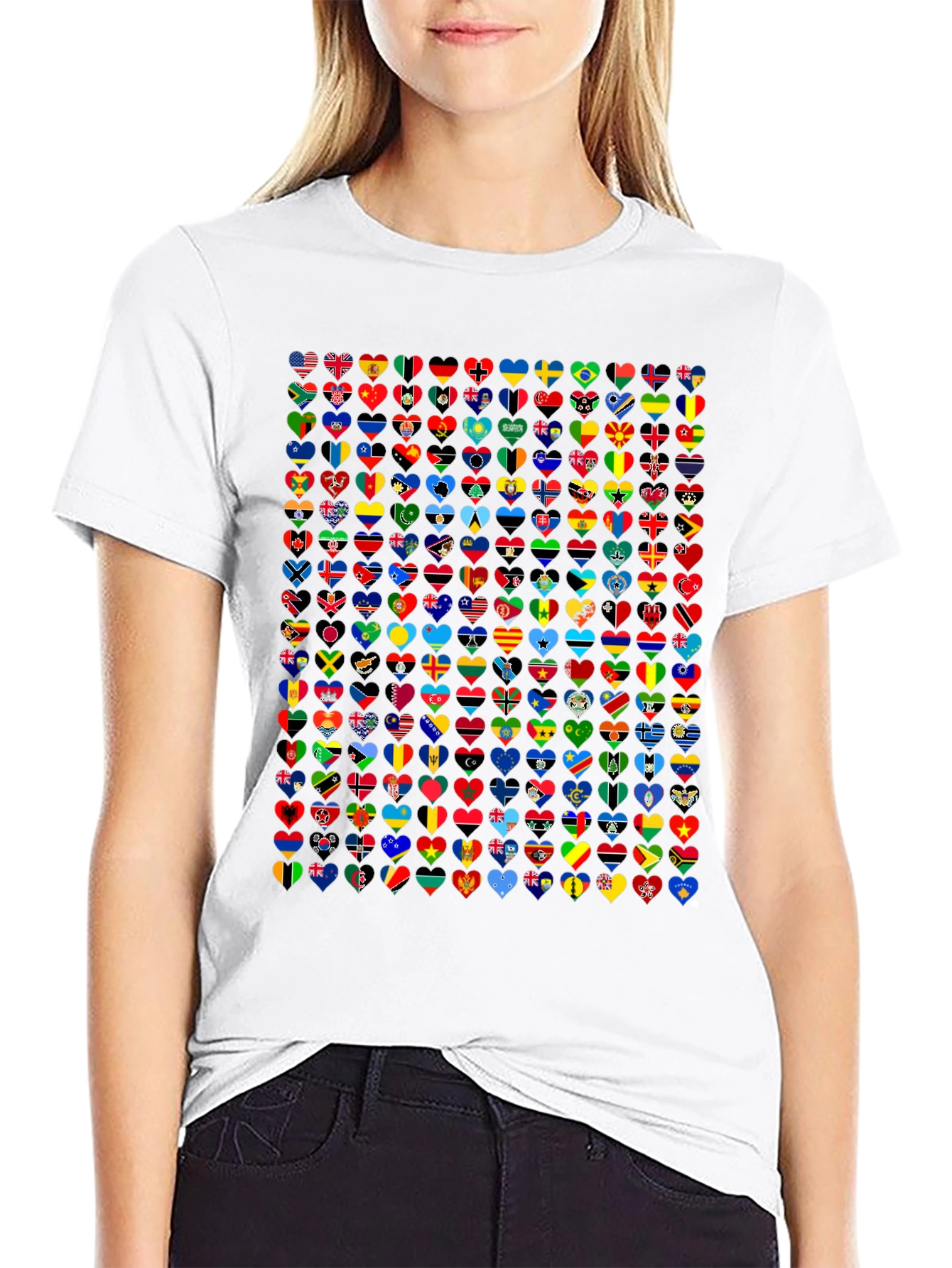 Black World Flags Heart T-Shirt - Black Cotton Graphic Tee view 9