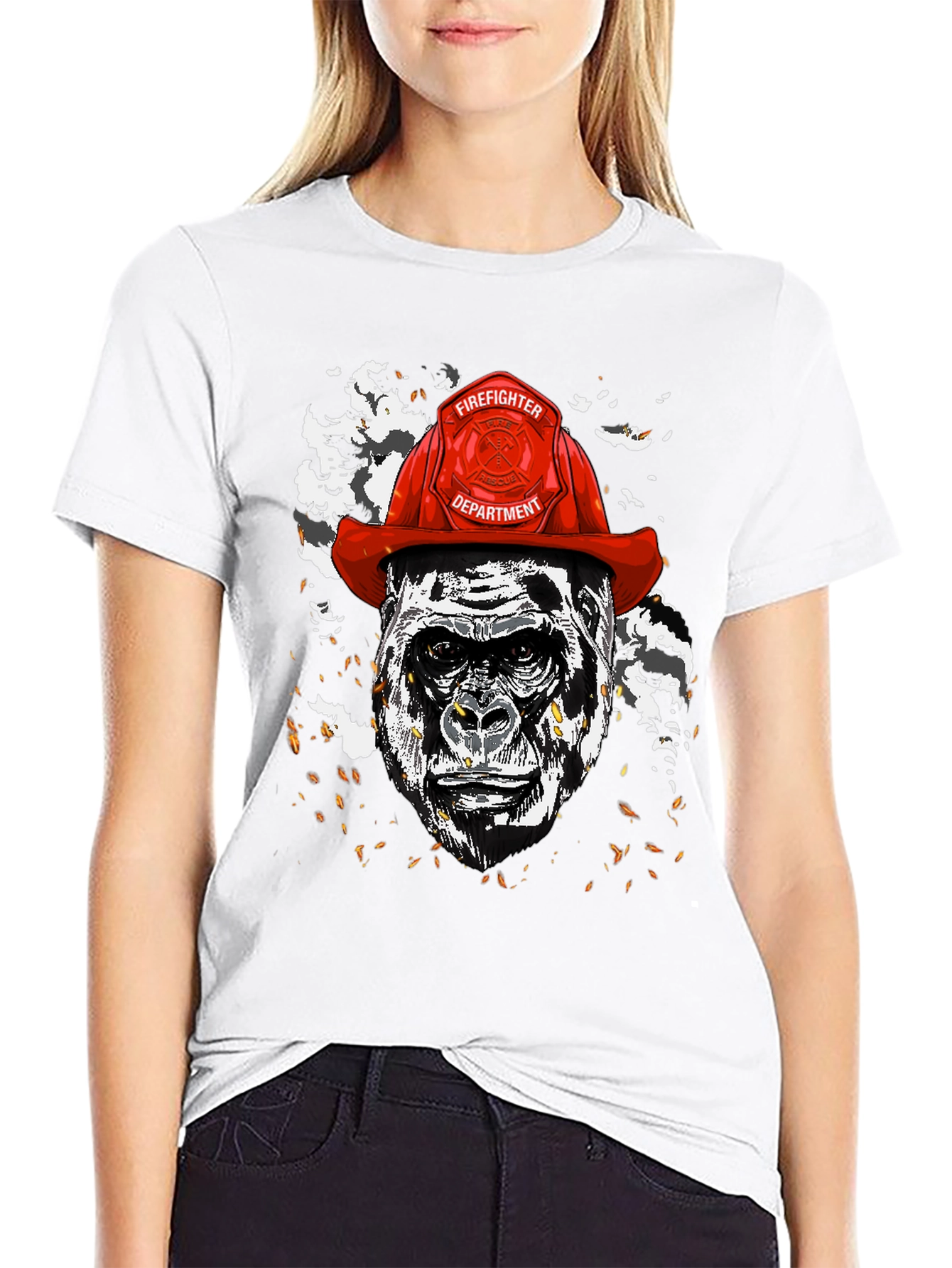 Black Gorilla Firefighter Graphic T-Shirt - Novelty Design view 9