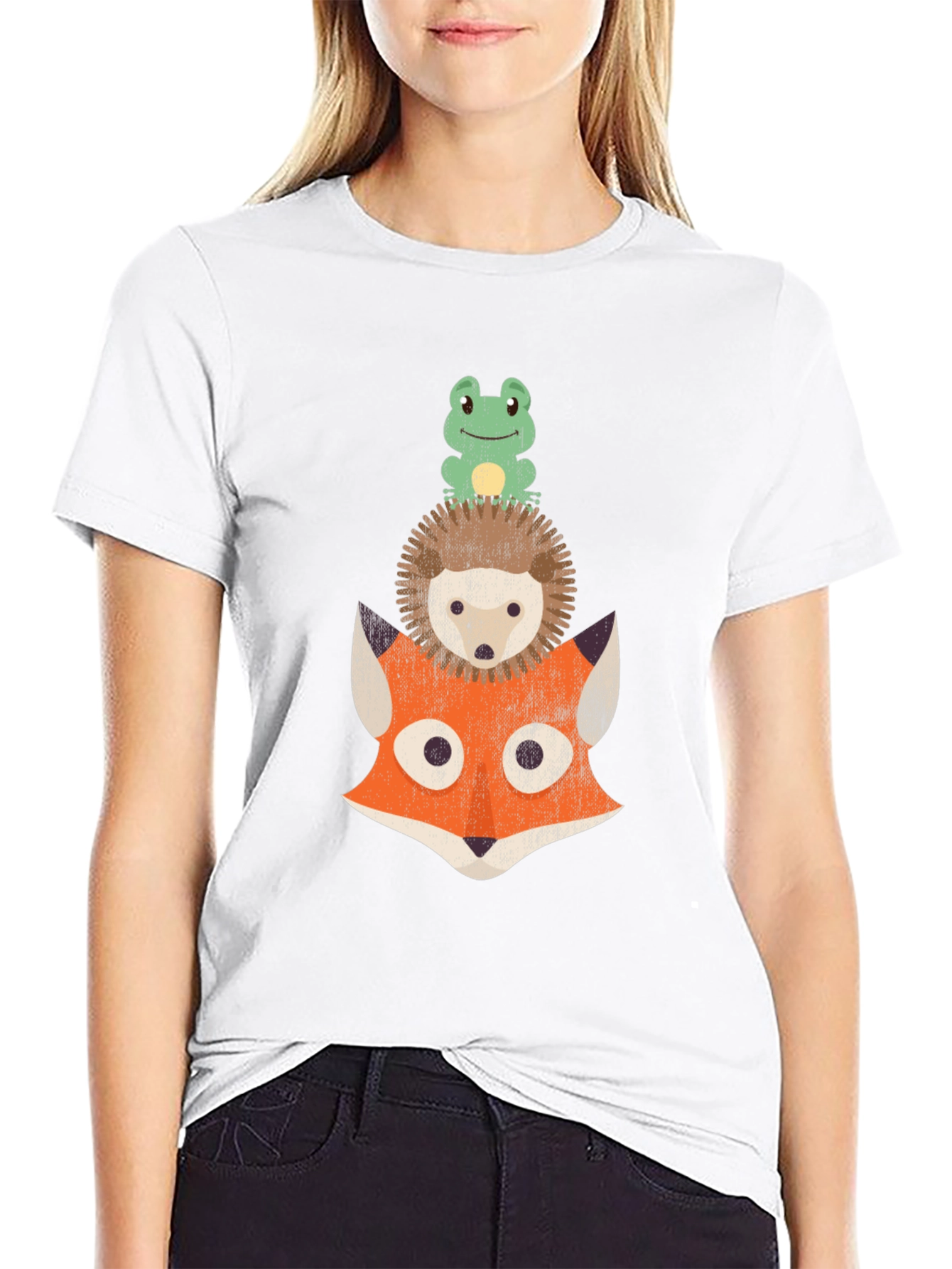 Black Stacked Animal Tee: Frog, Hedgehog, and Fox Design T-Shirt view 9