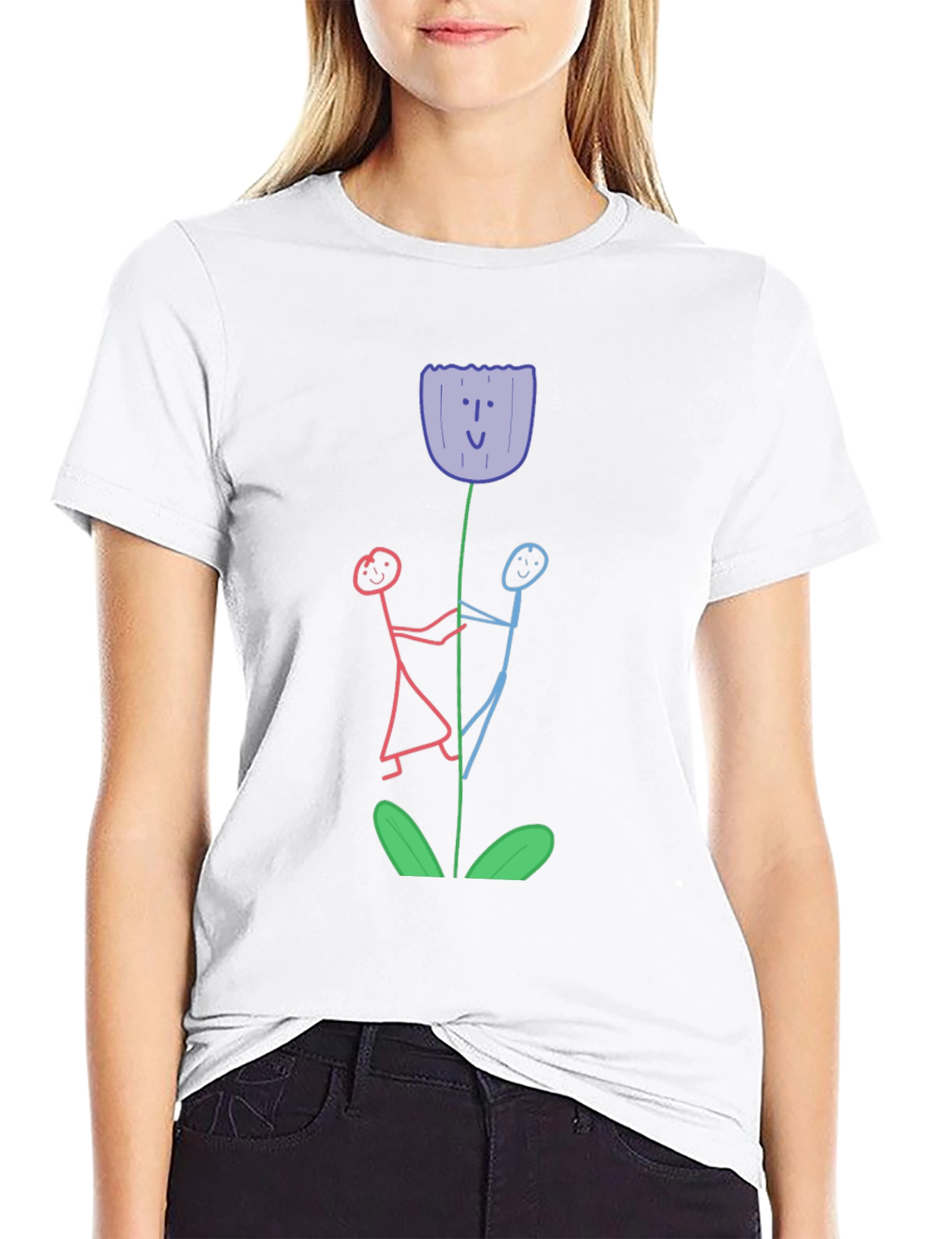 Black Whimsical Flower T-Shirt - Stick Figure Art view 9