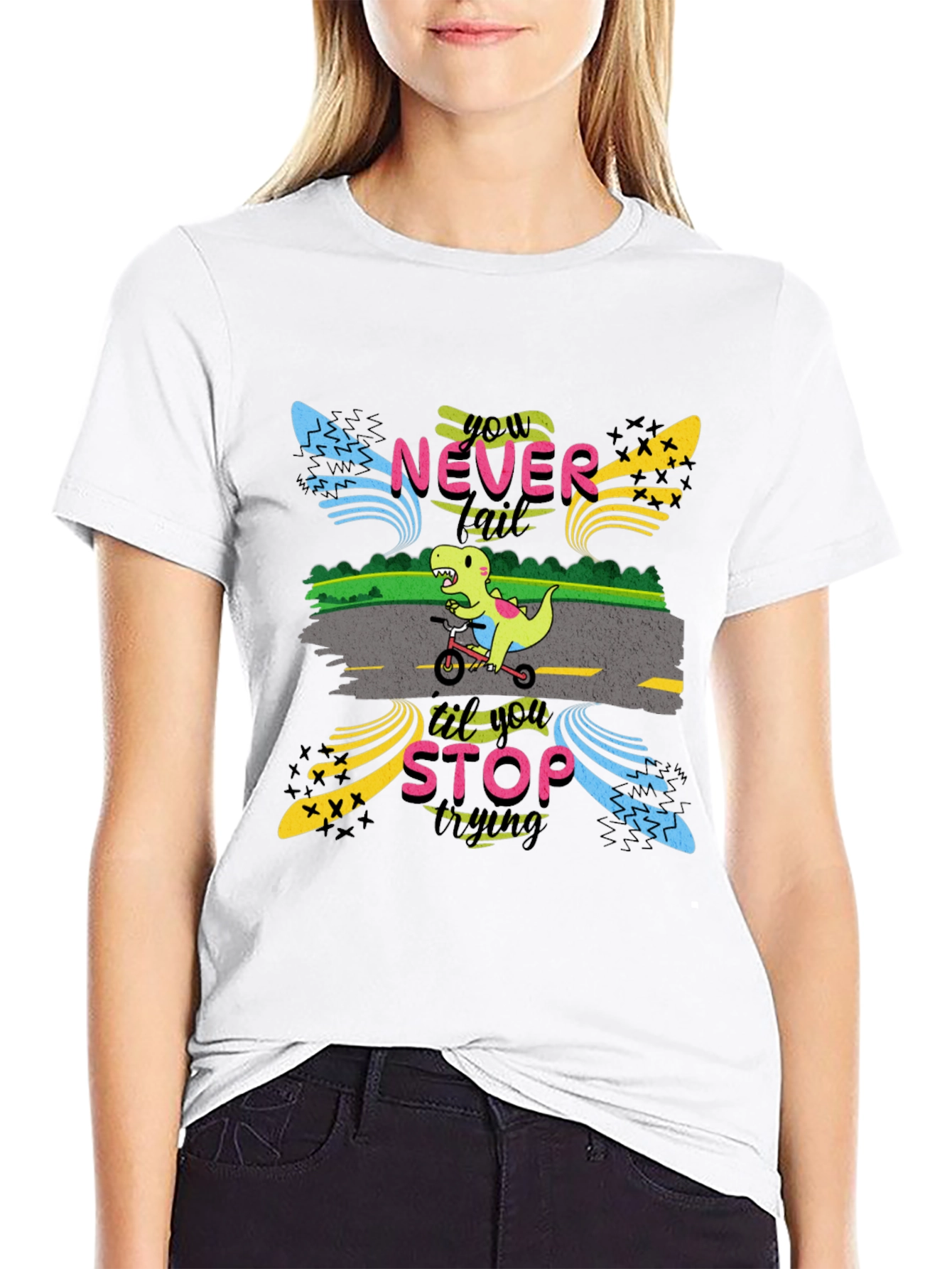 Black Never Stop Trying T-Shirt: Dino on Bike view 9