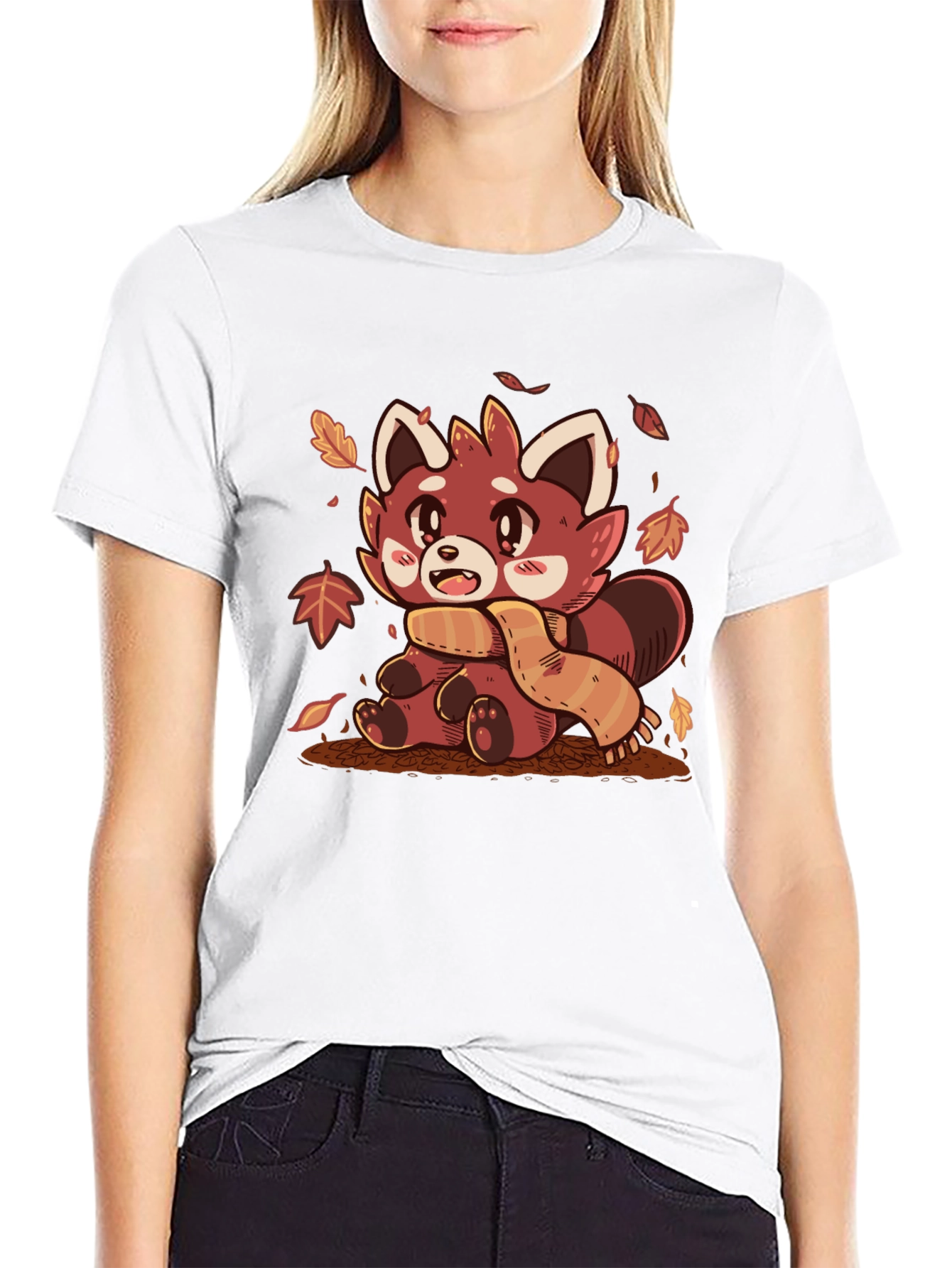 Black Red Panda Scarf Fall Leaves Graphic T-Shirt view 9