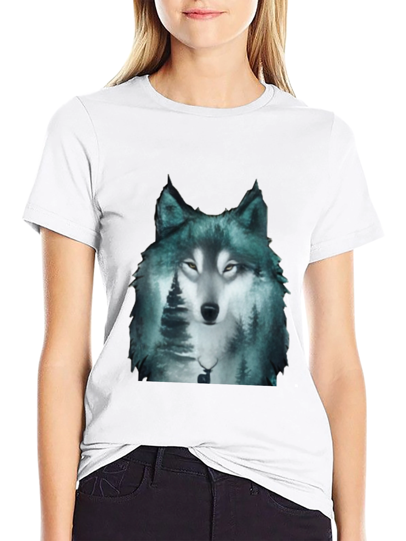 Black Wolf Forest Print Black T-Shirt view 9