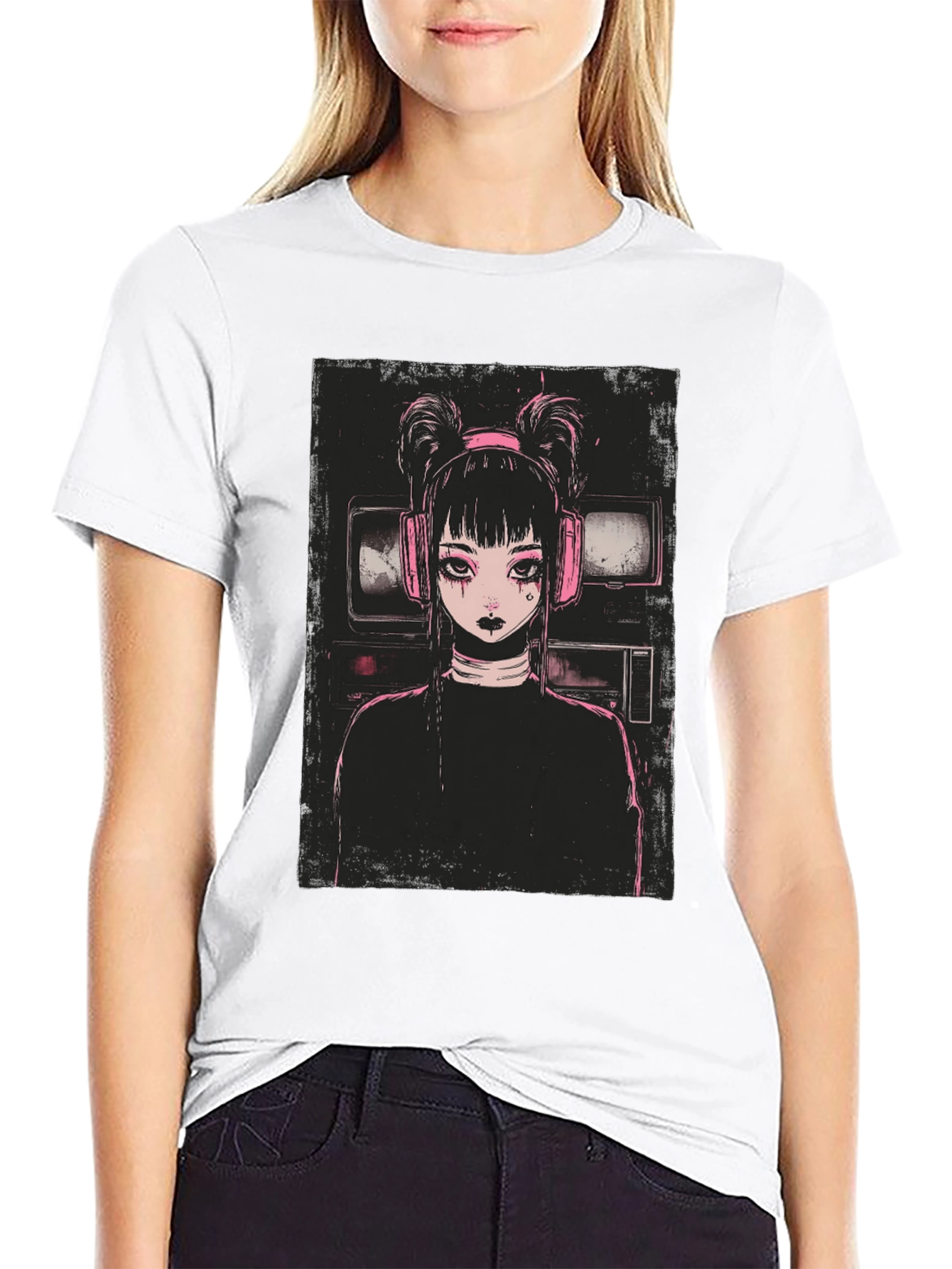 Black Anime Girl Graphic Tee - Black Cotton Blend view 9