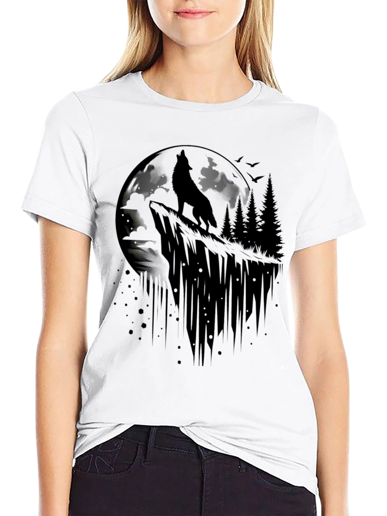 Black Wolf Moon Graphic Tee - Black Cotton T-Shirt view 9