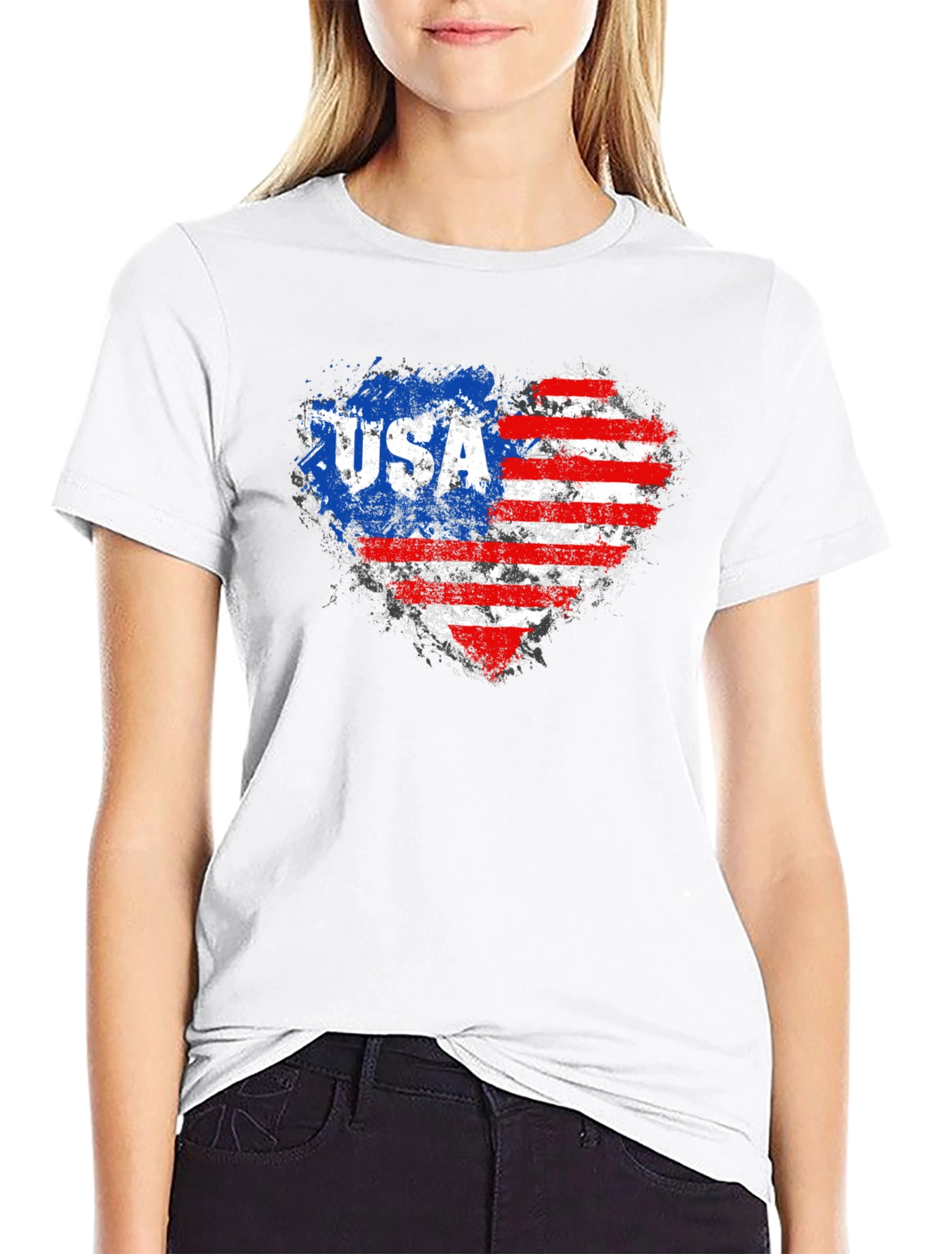 Black USA Flag Heart Graphic Tee - Patriotic American Pride T-Shirt view 9