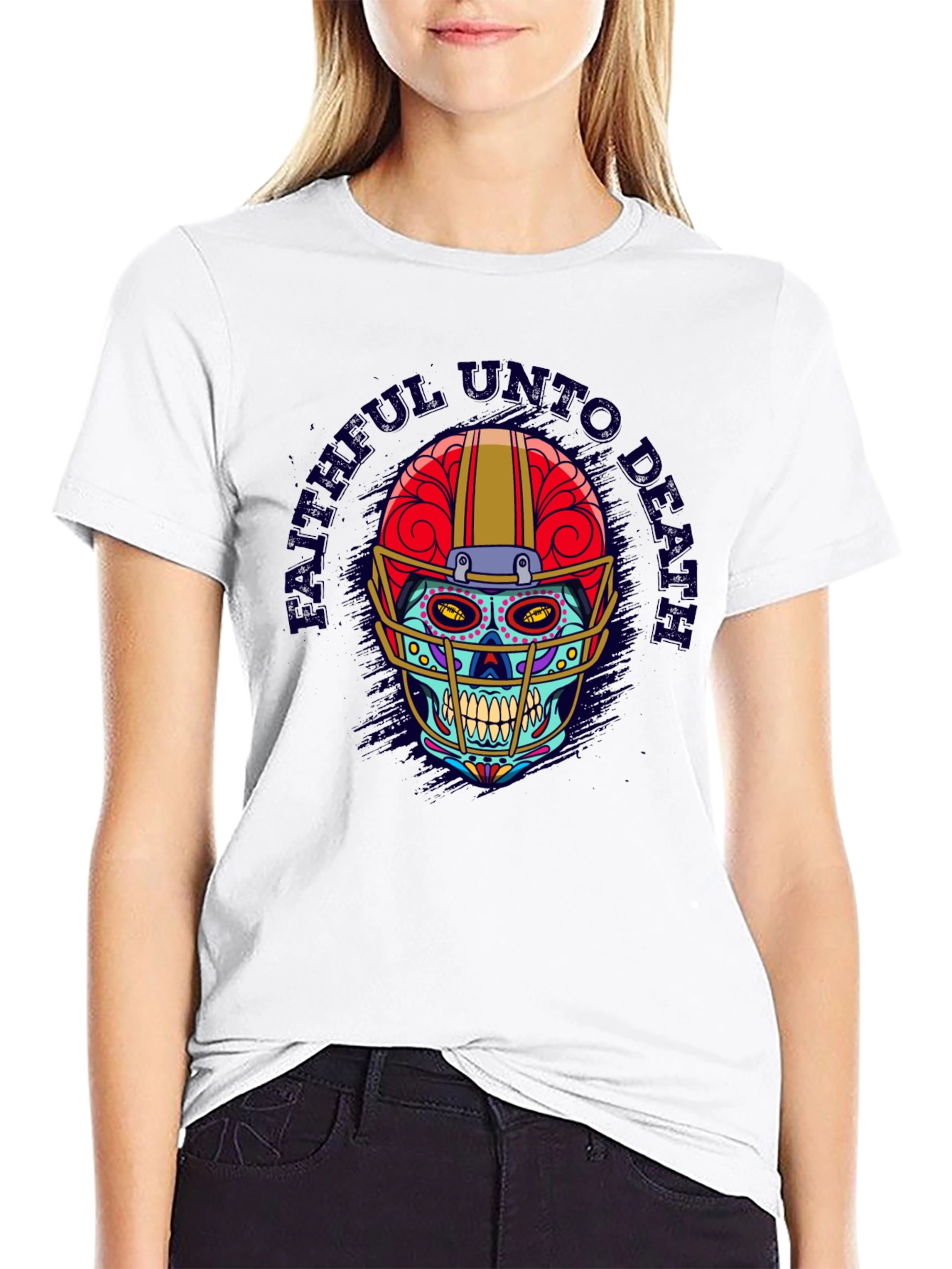 Black Faithful Unto Death Football Skull T-Shirt view 9