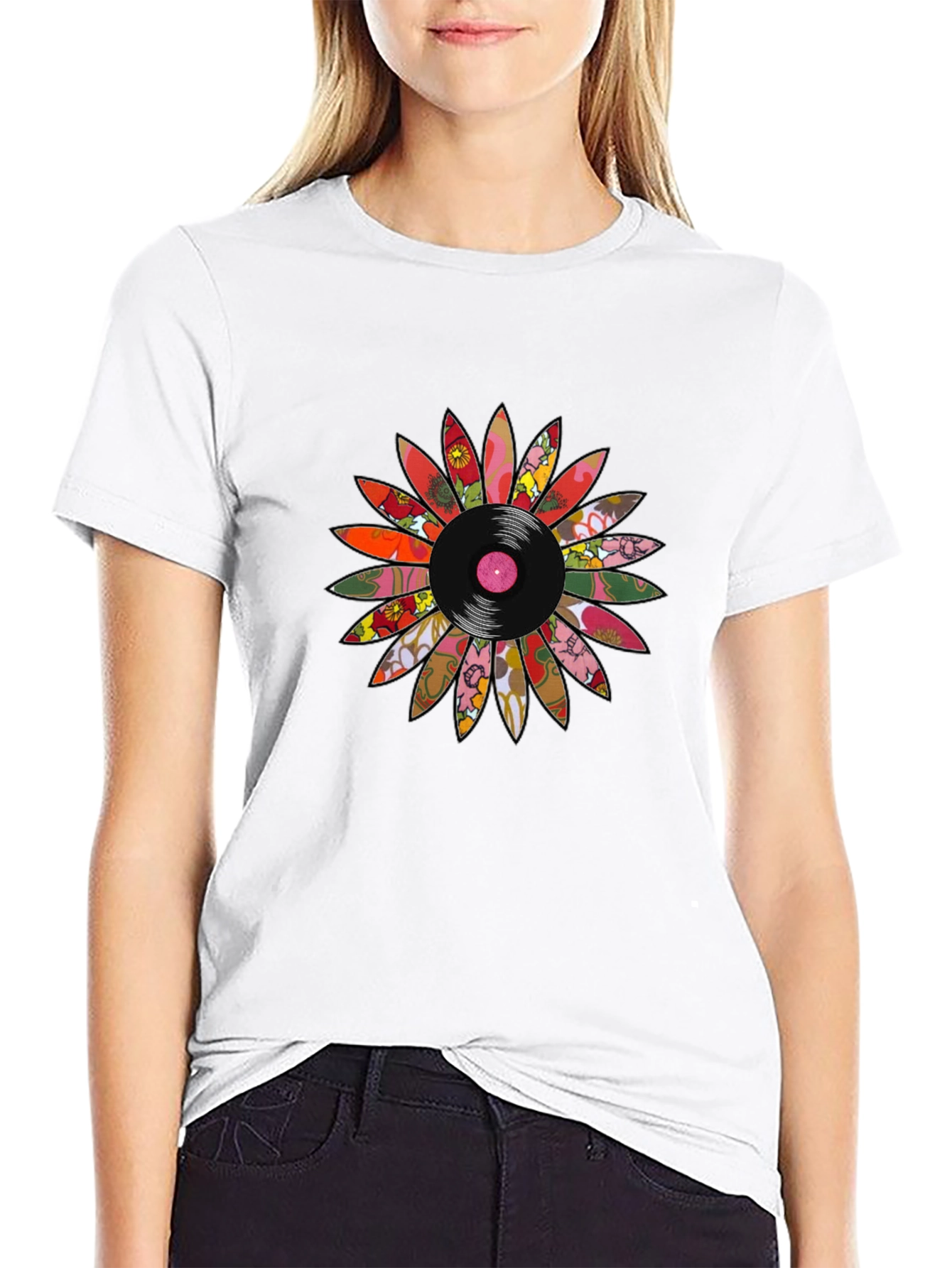 Black Retro Vinyl Flower Graphic Tee view 9
