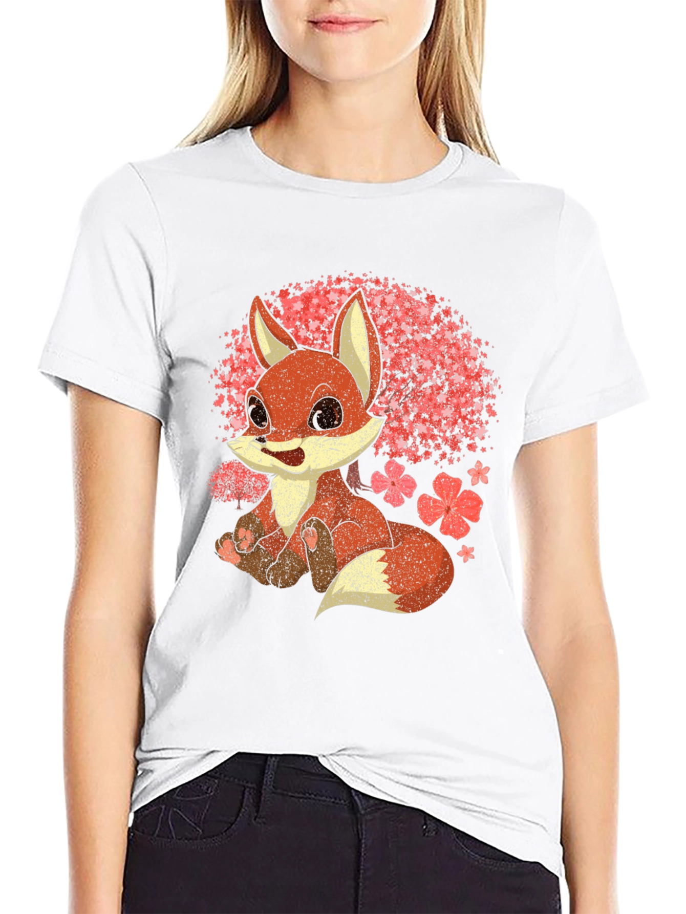 Black Cute Fox T-Shirt - Cherry Blossom Design view 9