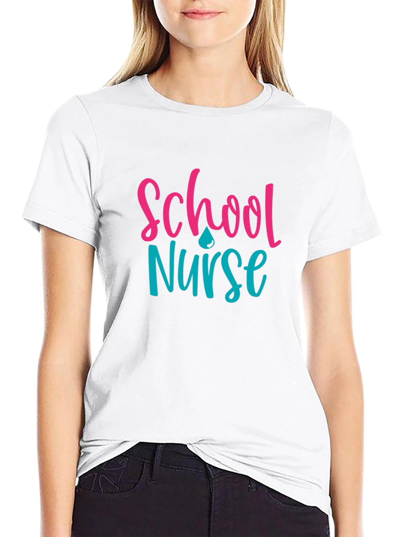 Black School Nurse T-Shirt, Pink & Teal Design view 9