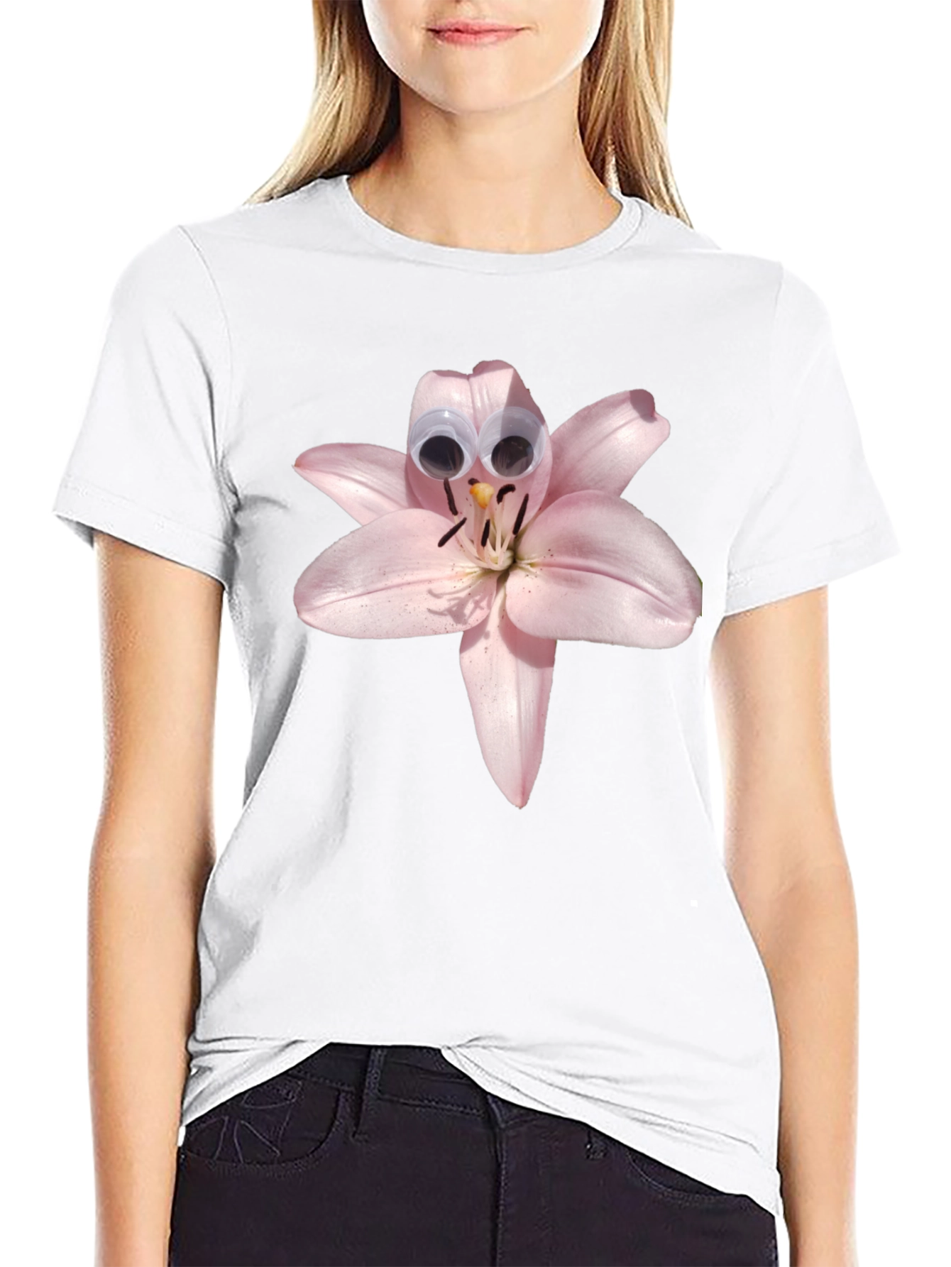 Black Floral Humor Tee: Lily with Googly Eyes view 9