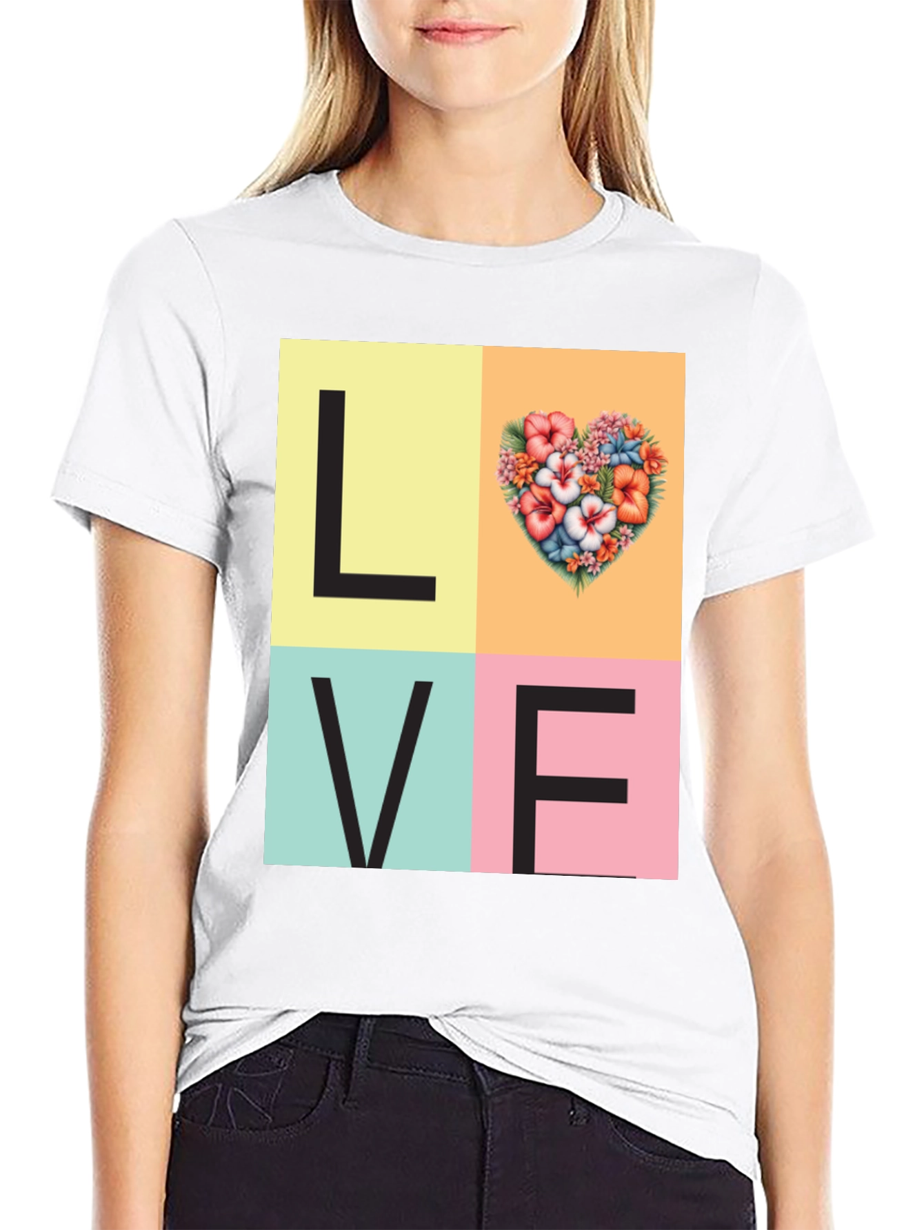 Black Floral Heart LOVE Graphic Tee - Unisex Casual T-Shirt view 9