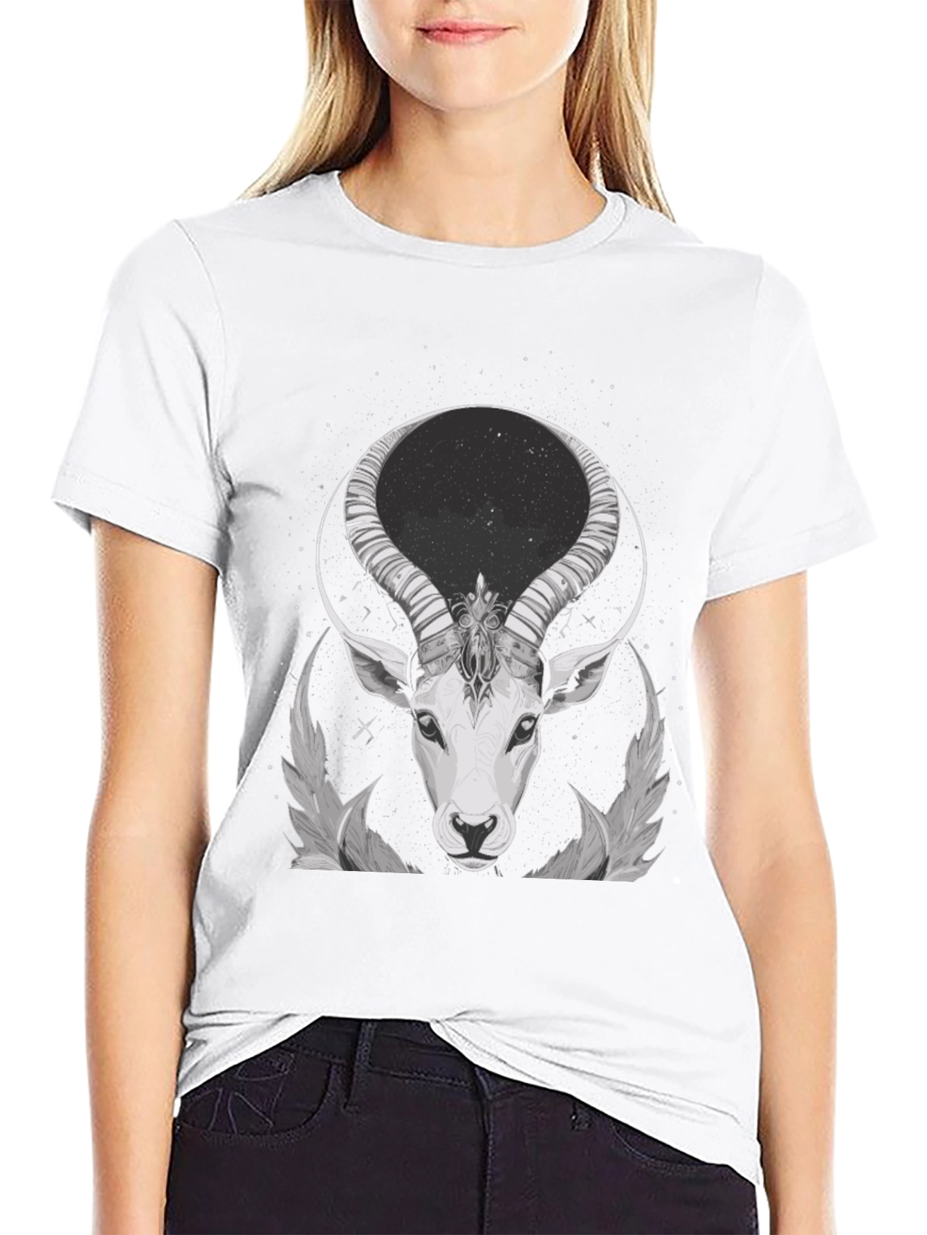 Black Cosmic Antelope Graphic Tee - Black Cotton Blend view 9