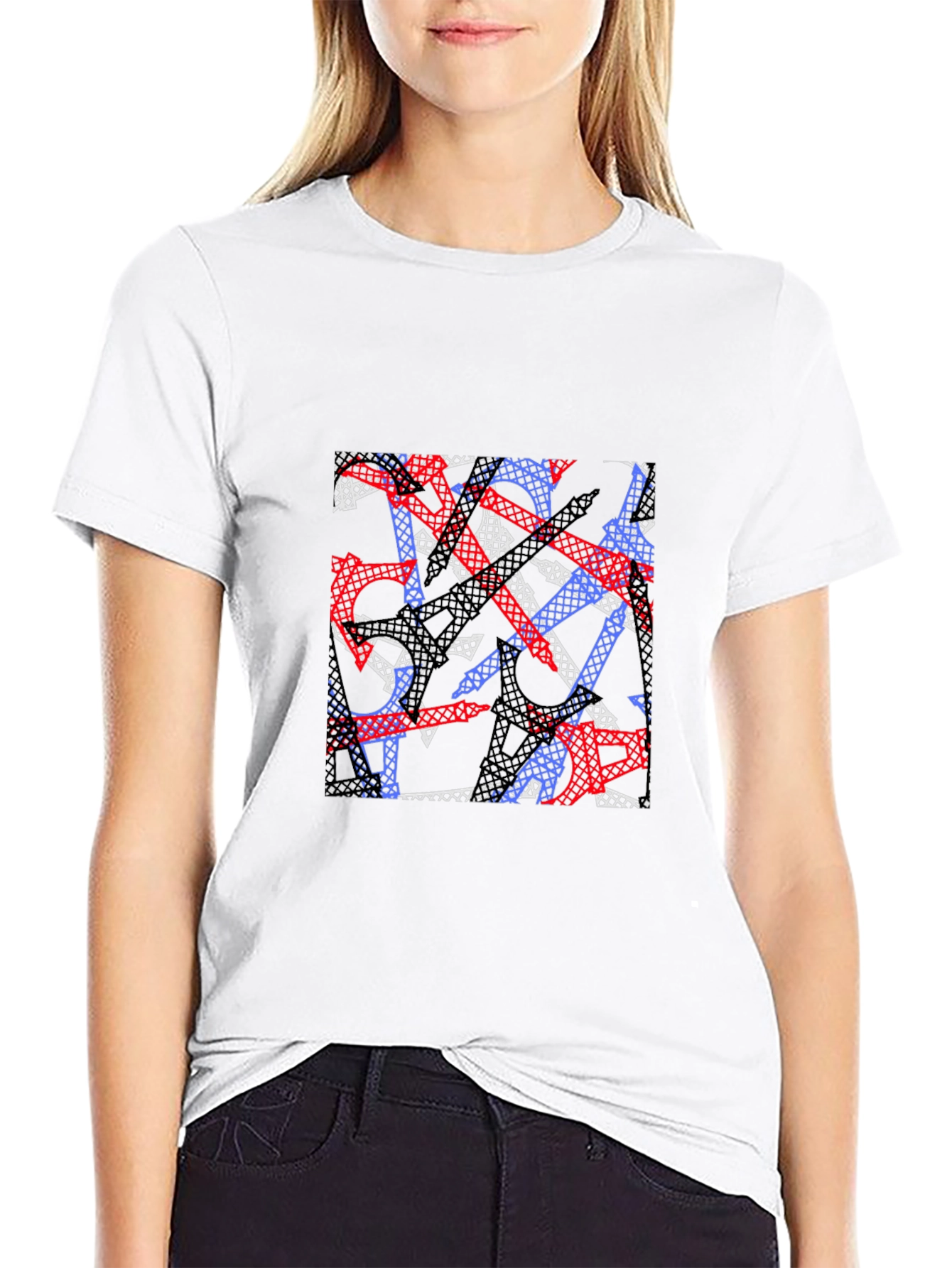 Black Abstract Eiffel Tower Print Men's T-Shirt view 9