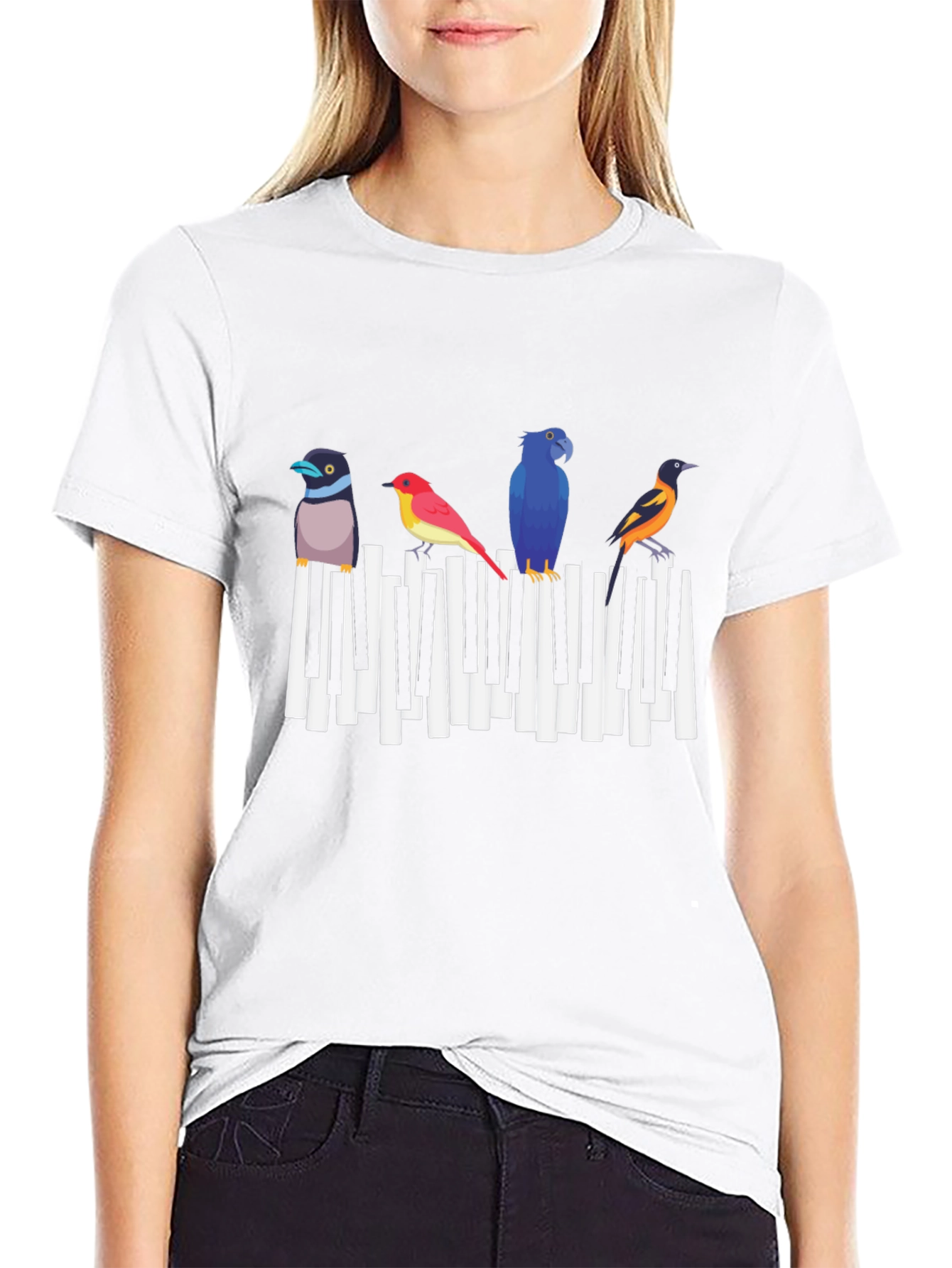 Black Musical Birds Graphic Tee - Black Cotton T-Shirt view 9