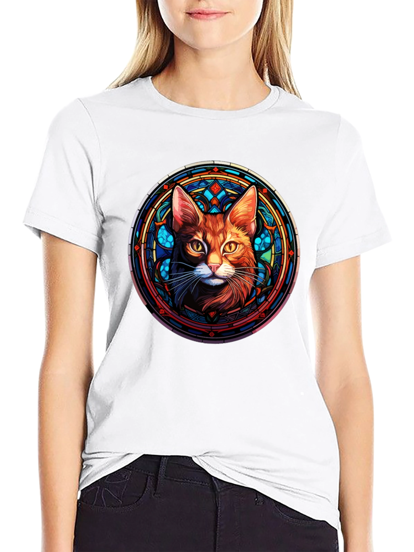 Black Stained Glass Cat Graphic Tee - Unique Design view 9