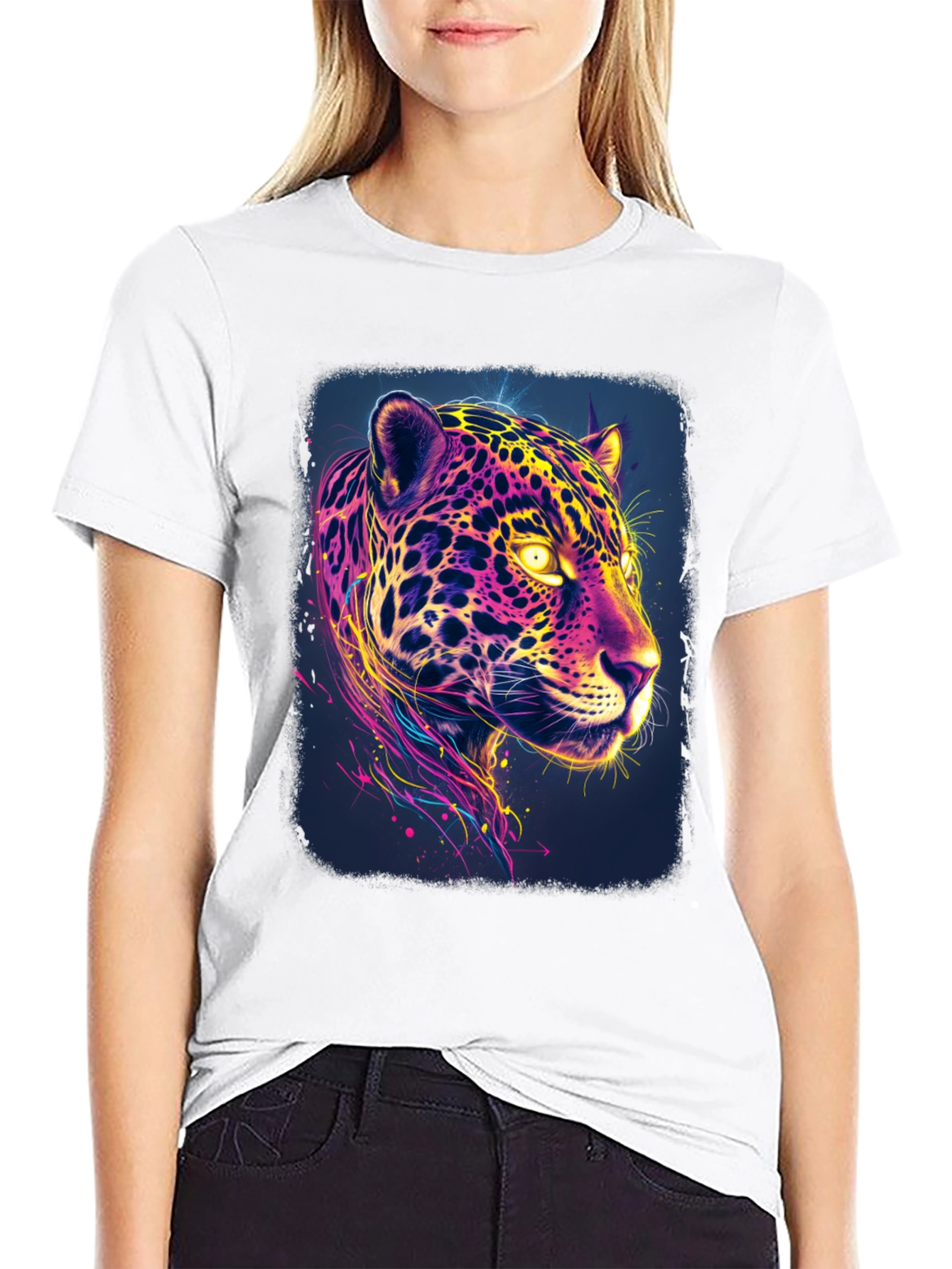 Black Vibrant Neon Jaguar Graphic Black T-Shirt view 9