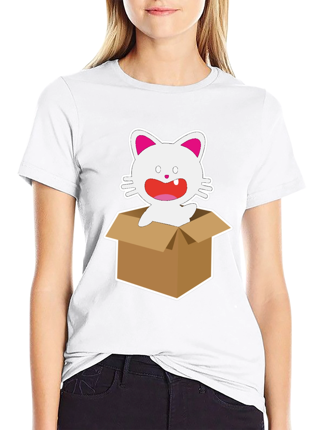 Black Cartoon Cat in Box Graphic Tee - Unisex Black T-Shirt view 9