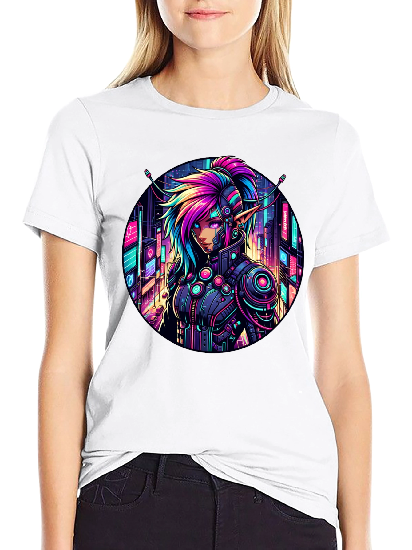 Black Cyberpunk Elf T-Shirt: Neon Cityscape Graphic Tee view 9