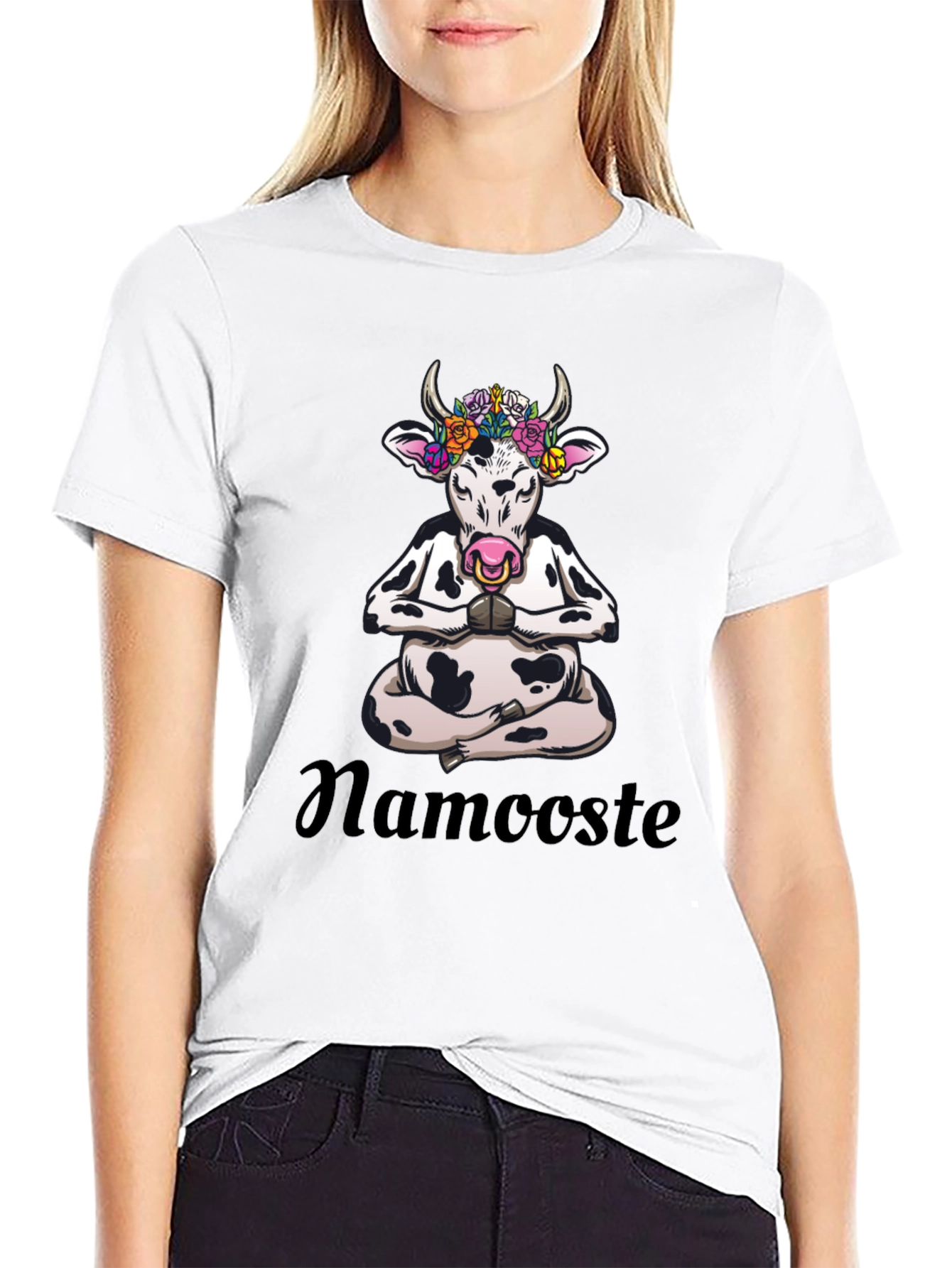 Black Namaste Cow T-Shirt: Meditating Cow with Flowers view 9