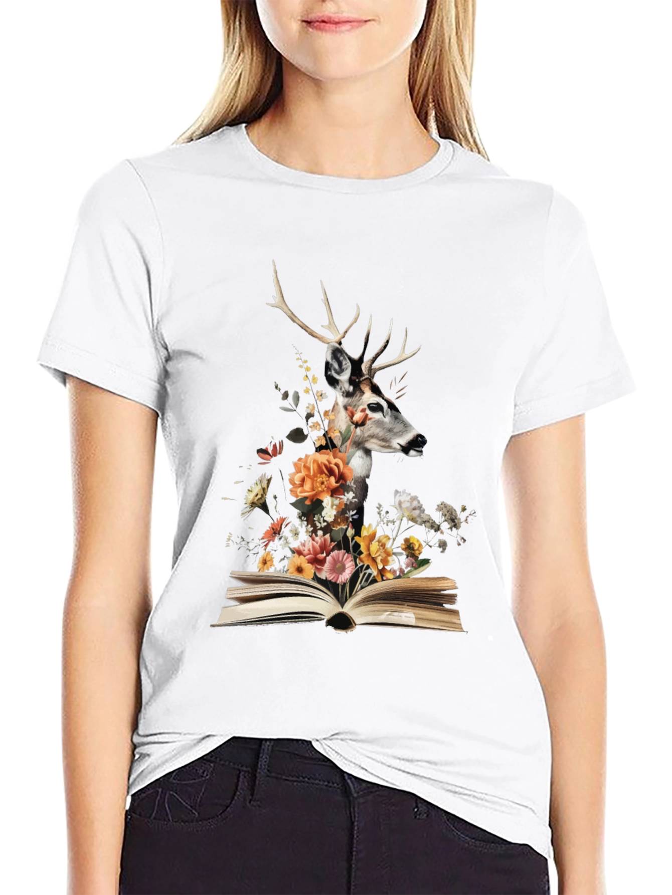 Black Deer in Book Floral Tee view 9