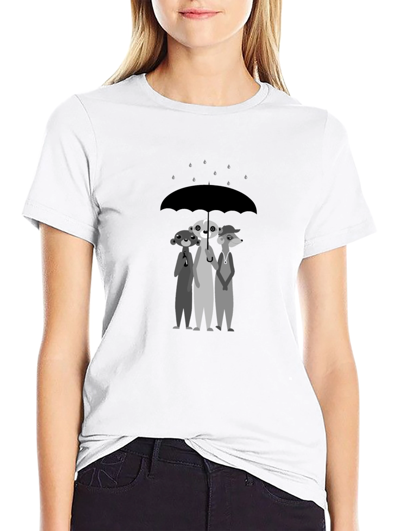 Black Rainy Day Pals T-Shirt: Cartoon Meerkat Design view 9