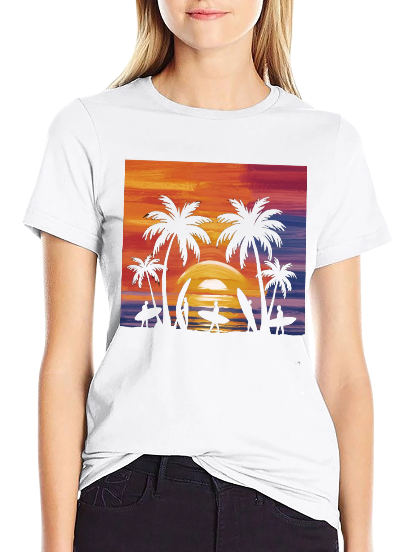 Black Sunset Palm Tree Surfer Graphic Tee - Black view 9