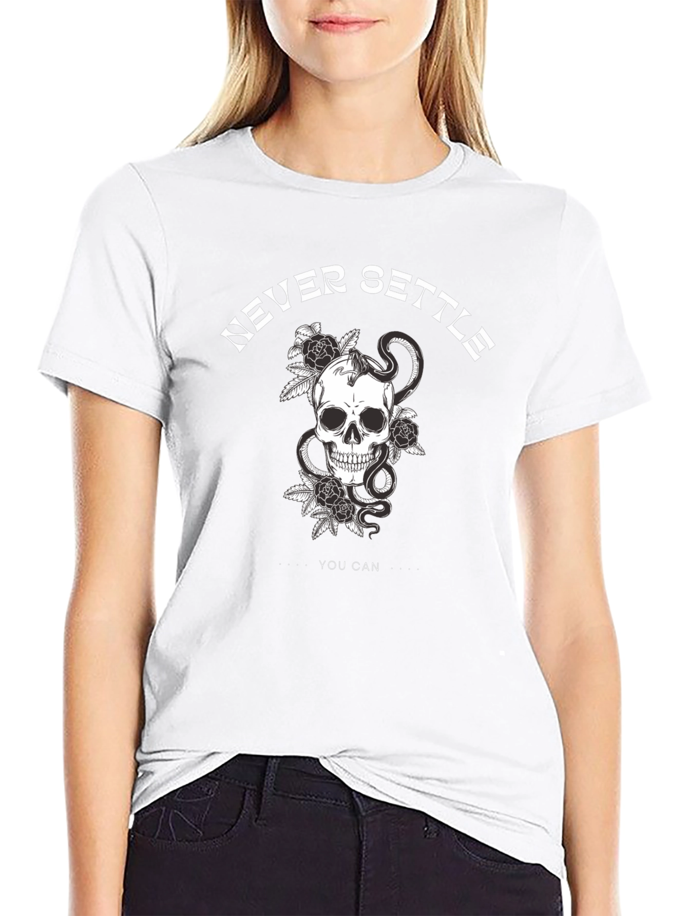 Black Never Settle Skull Graphic Tee view 9