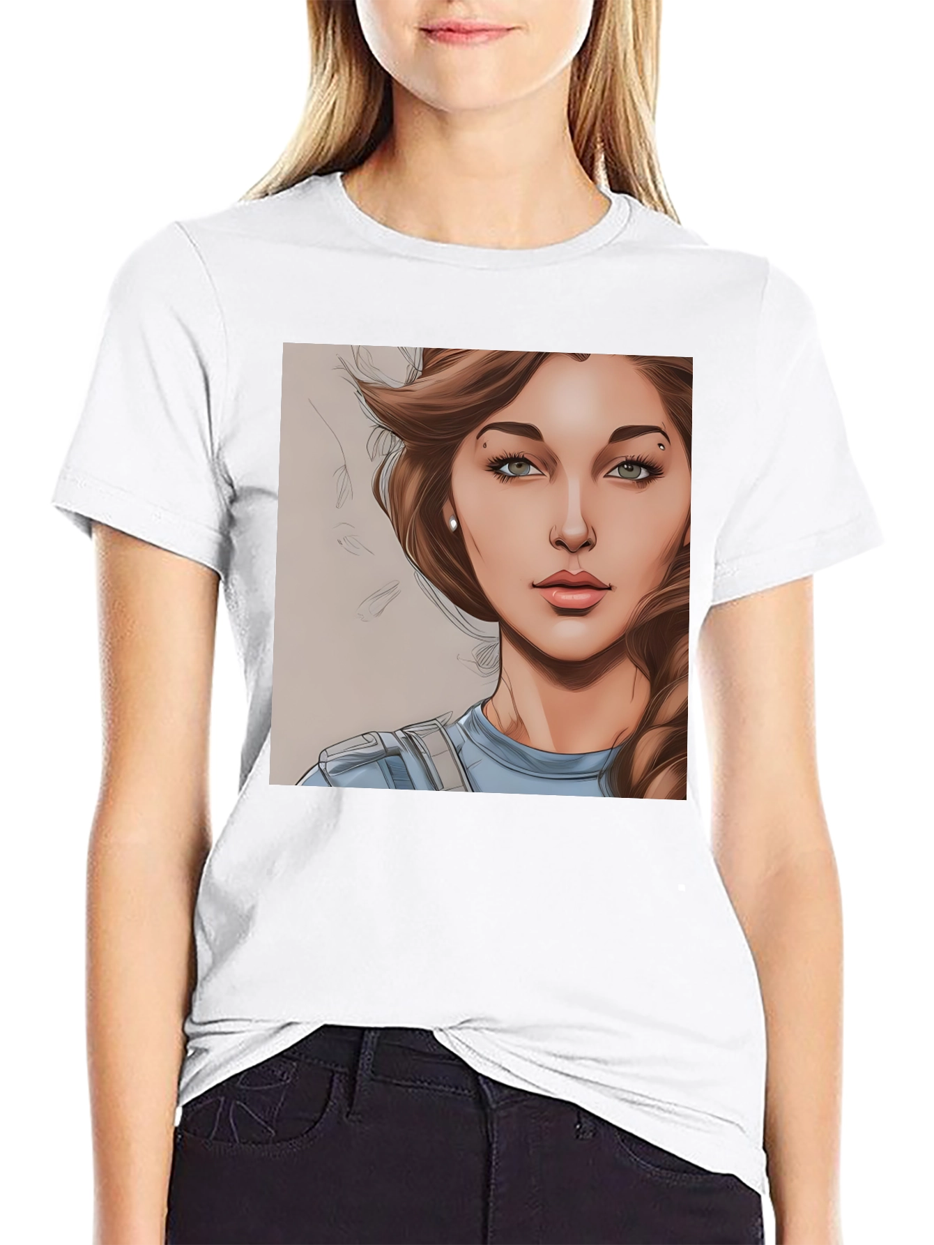 Black Woman Cartoon Portrait Black T-Shirt view 9