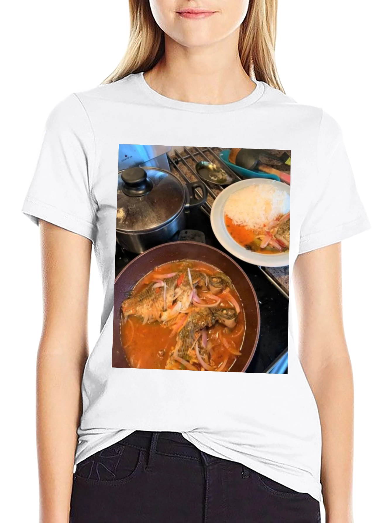 Black Foodie T-Shirt: Delicious Fish Dish Design view 9