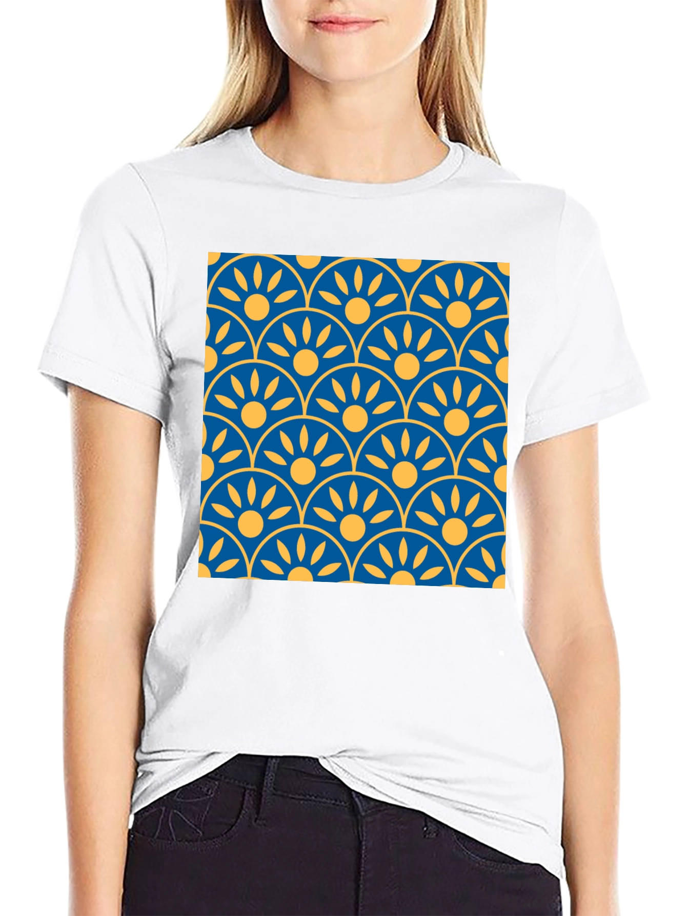 Black Patterned T-Shirt: Blue & Yellow Graphic Tee view 9