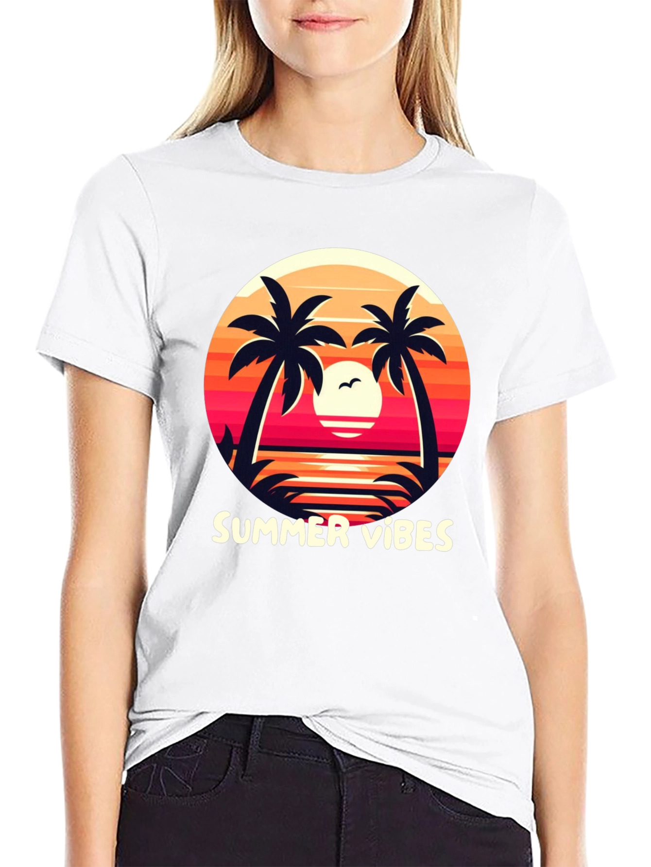 Black Summer Vibes Graphic Tee - Palm Tree Sunset Design view 9